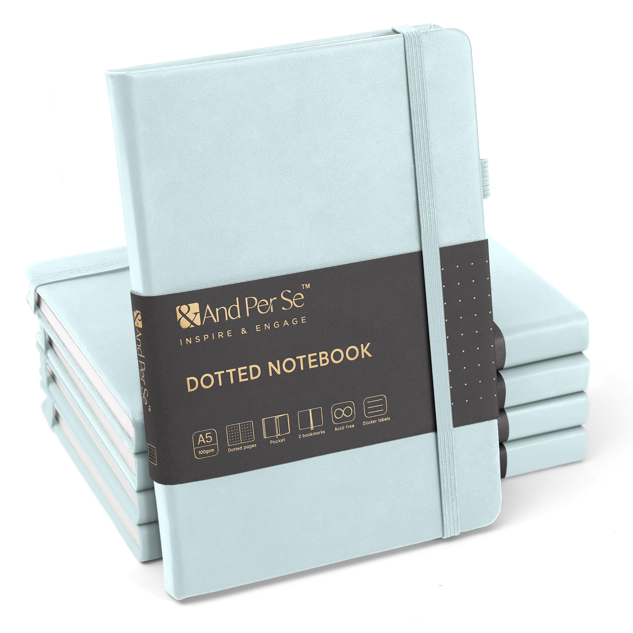 &And Per Se Dotted Journal Notebook (5 Packs), A5 Hardcover Leather Dotted Journal, 160 Pages 100 gsm Thick Paper, 3 Sheets of Stickers Included- 5.7'' x 8'' (Cyan