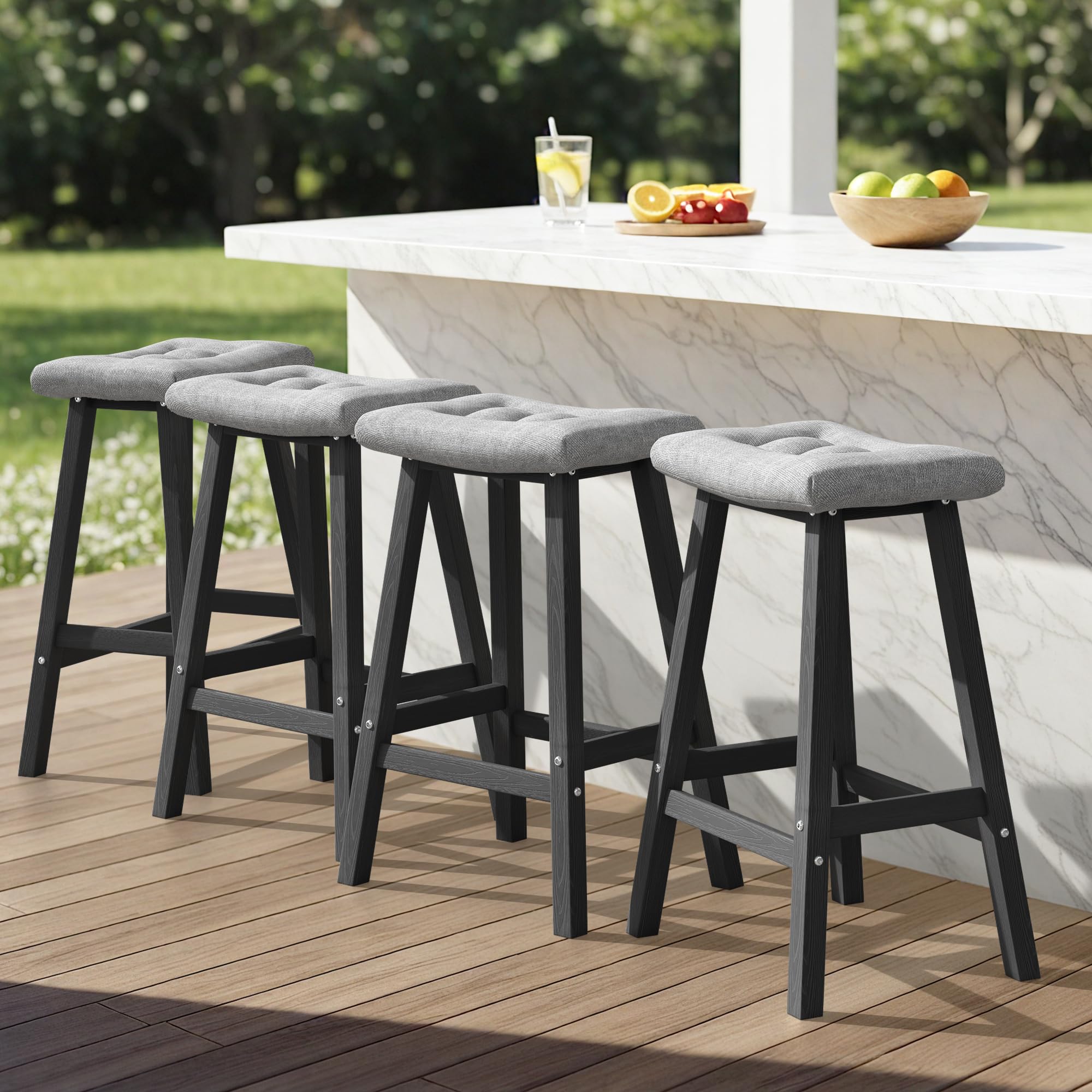 Ciokea 4 Set 29" Outdoor Bar Stools with Cushions, Heavy Duty HDPE Outdoor Stools Weatherproof Waterproof Patio Seats Modern Bar Height Tall BarStools for Bar Deck Balcony Kitchen Yard, Black