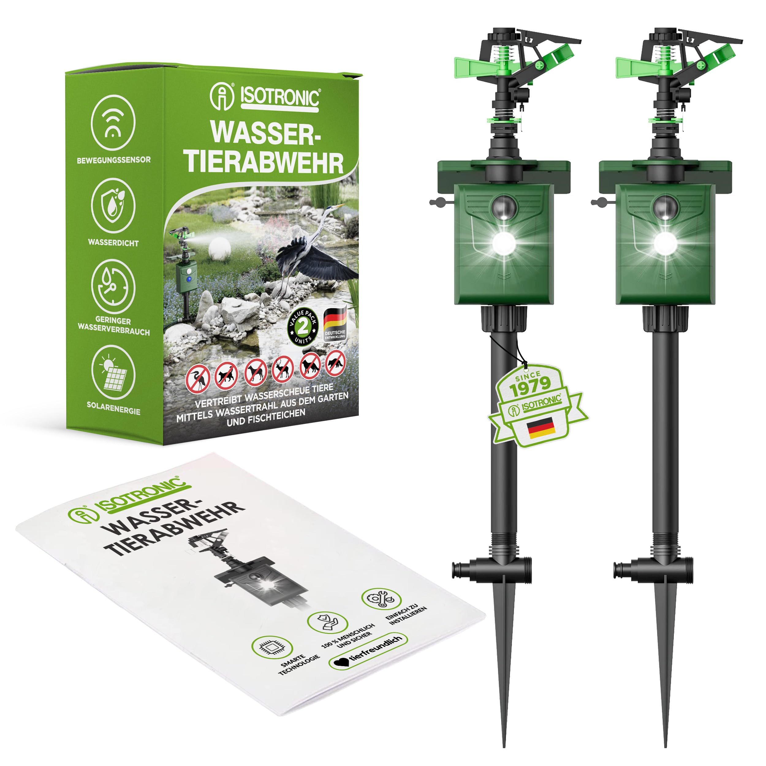 ISOTRONIC® Wasserstrahl Plus Licht Tiervertreiber Solar | Solarbetriebene Hunde-Katzen-Abwehr | Vogel-Reiher-Schreck für Garten | Bewegungsmelder I Reichweite einstellbar I Wildtierabwehr (2)