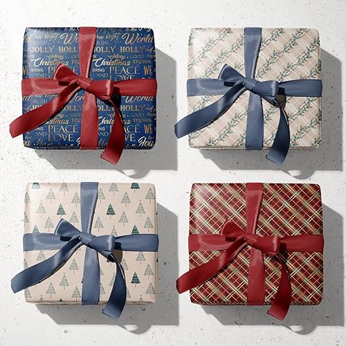 Miniatura 3 de FIEHALA Hojas planas de papel de regalo de Navidad, 12 hojas con 4 patrones rojos y azules, diseño plano precortado y plegado (20 x 27.5 pulgadas