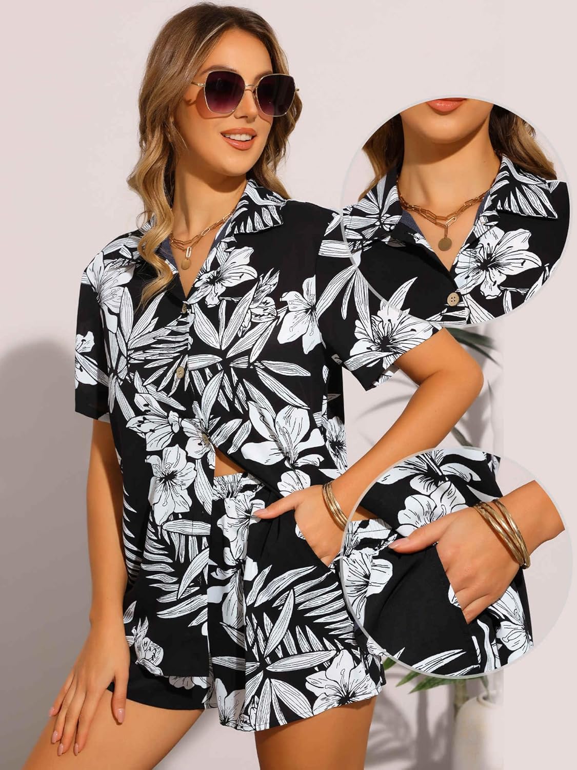 Allegra K Hawaiian Outfits 2 Piece Sets for Women's Tropical Floral Button Down Shirt and Shorts Casual Beachwear Sets - Image 2