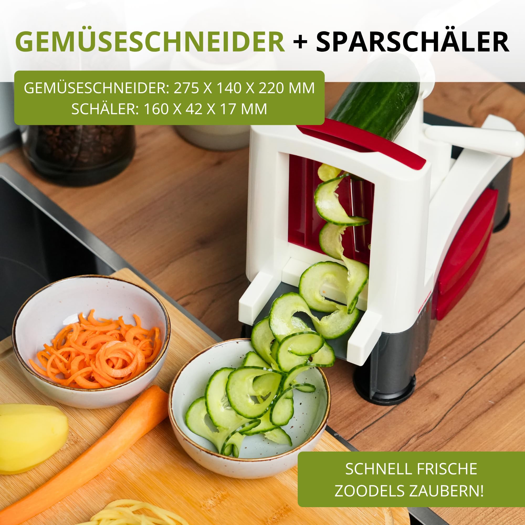 Westmark Spiralschneider im Set mit Sparschäler für Gemüsenudeln, Zoodles und Obstspiralen, Gemüseschneider mit 3 Schneideinsätzen Spiromat und Kartoffelschäler Gallant, 113322E6