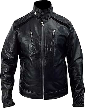 Men's Snap Button Stand Collar Black Genuine Leather Jacket, Black