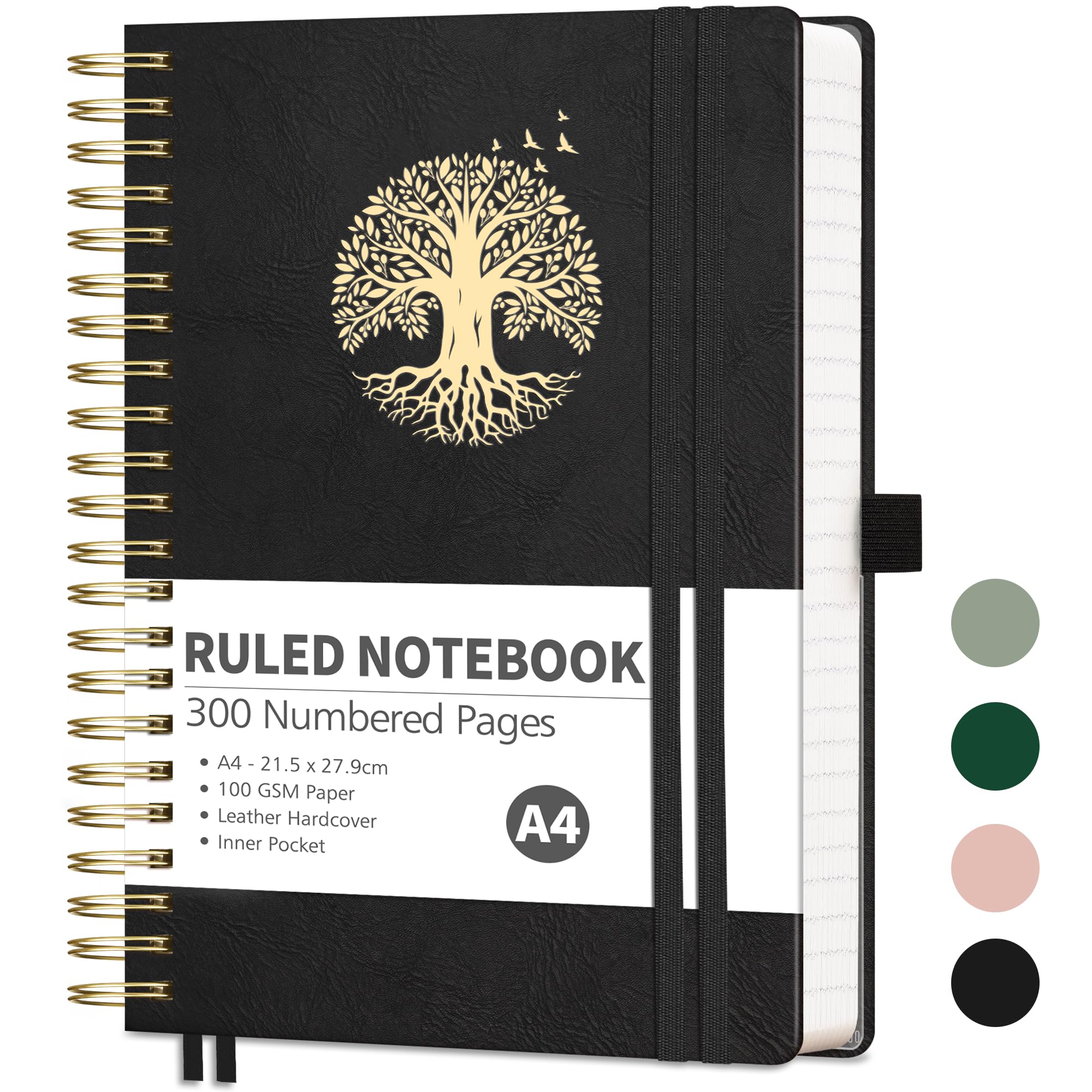 RETTACY Lined A4 Notebook Spiral Bound College Ruled Notebook 300 Pages Thick Journal,Hardcover Leather Notepad for Work School,100gsm,Sticky Notes,21.5 x 27.9cm