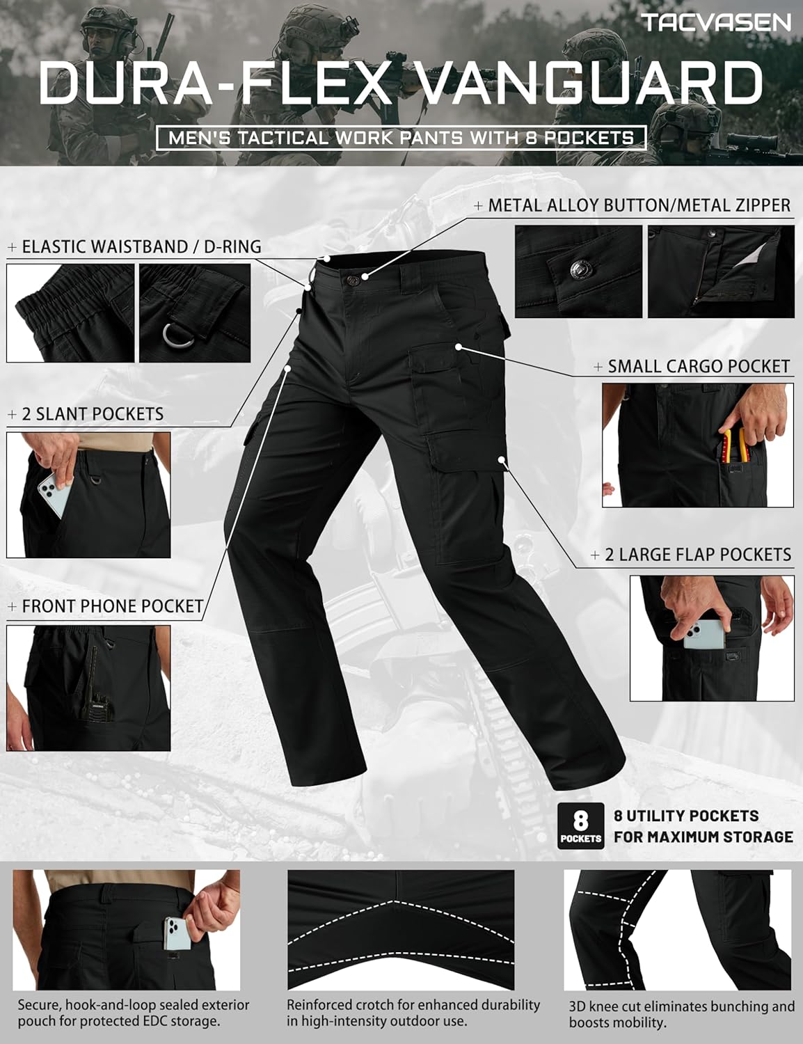 TACVASEN Men's Tactical Pants Water Resistant Ripstop Cargo Work Pants Lightweight Hiking EDC Outdoor with Pockets