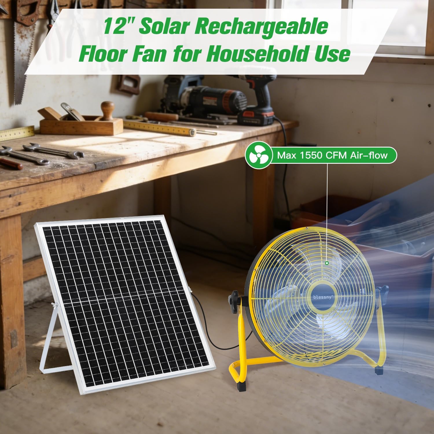 12" Solar Rechargeable Floor Fan for Home Outdoor Camping Gazebo Greenhouse Barn Poultry Pet House Cooling or Air Circulation - Image 6