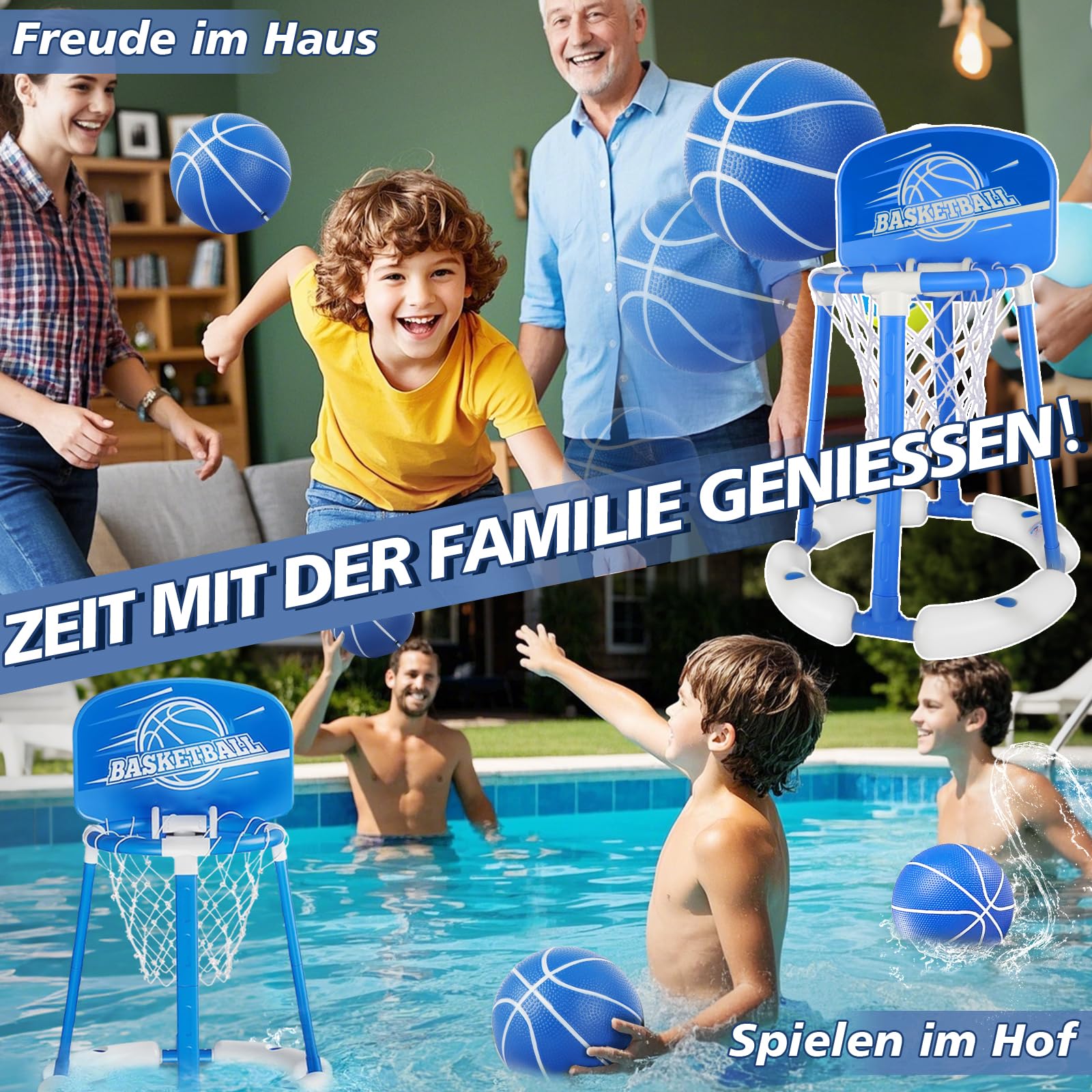 Charmofun Pool Basketballkorb Set mit 2 Basketbälle und Luftpumpe, schwimmende Basketballspiele für Kinder und Erwachsene