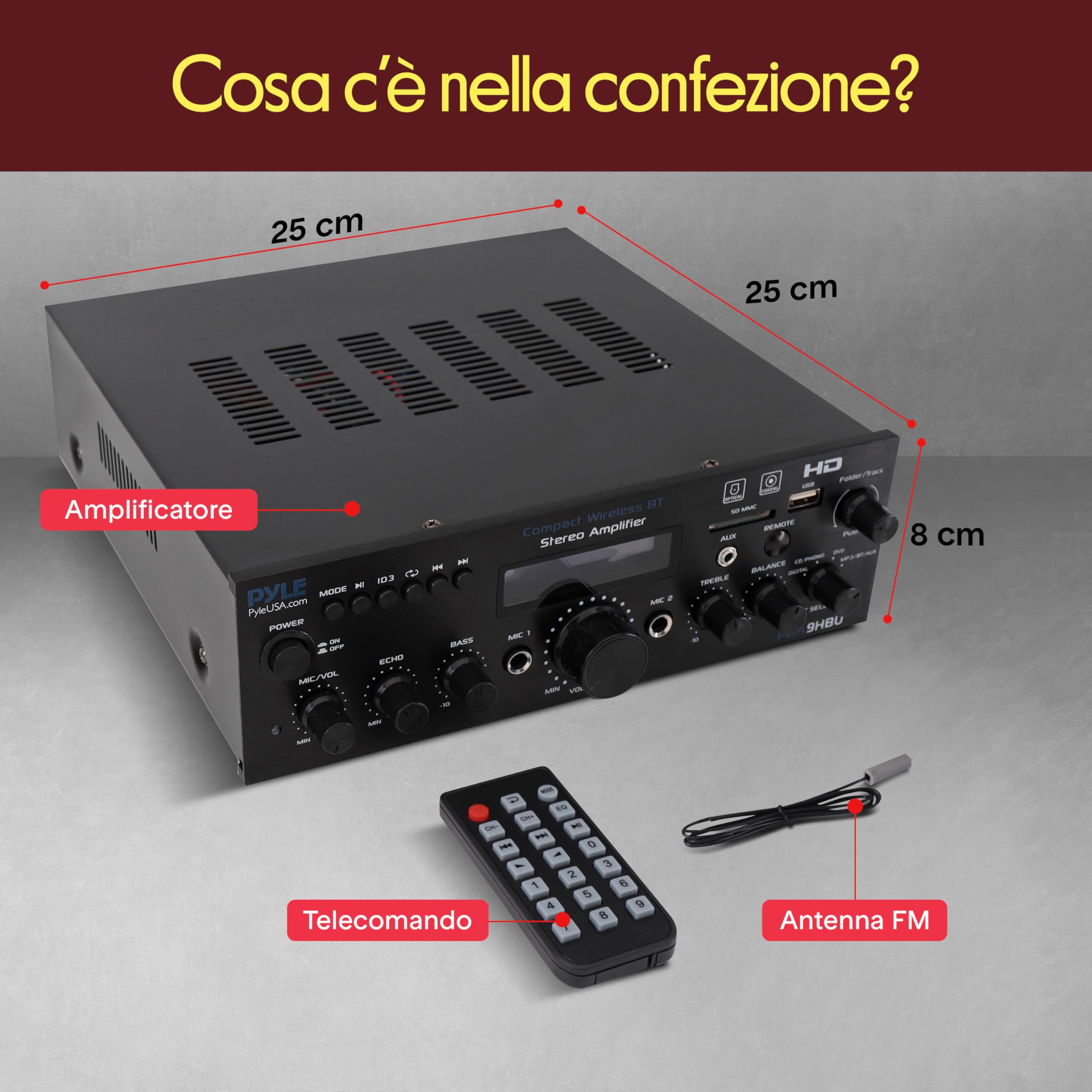 Pyle Amplificatore Audio Stereo Bluetooth Wireless per Casa, Amplificatore Multicanale 200 Watt, Ricevitore Audio con HDMI, USB/SD, AUX, RCA, Radio FM