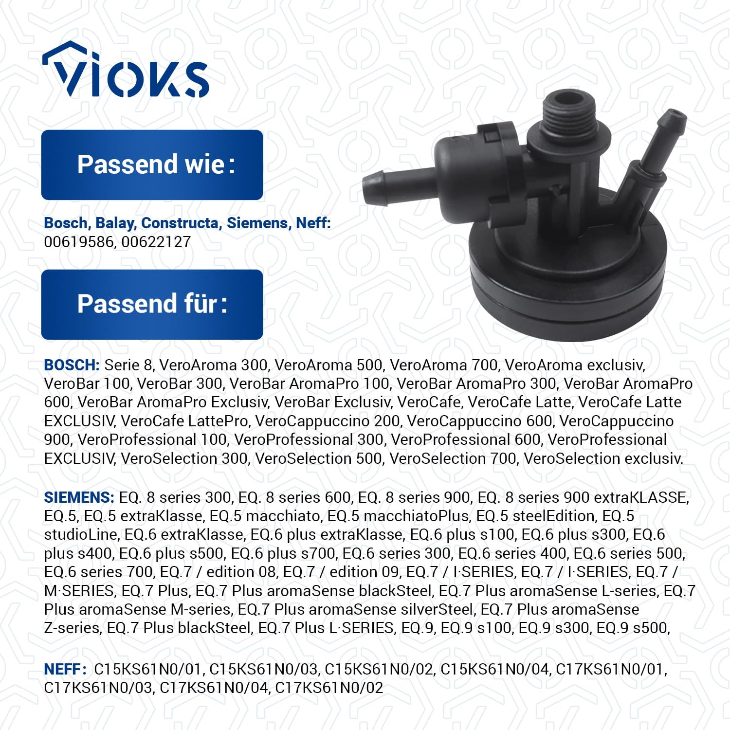 VIOKS Pumpendämpfer Kaffeemaschine Ersatz für Siеmens 619586 00619586 | Membranregler Pulsationsdämpfer Dämpfer, ersetzt 622127 00622127, für EQ.5 EQ.6 EQ.7 EQ.8 EQ.9 VeroAroma VeroBar VeroCafe