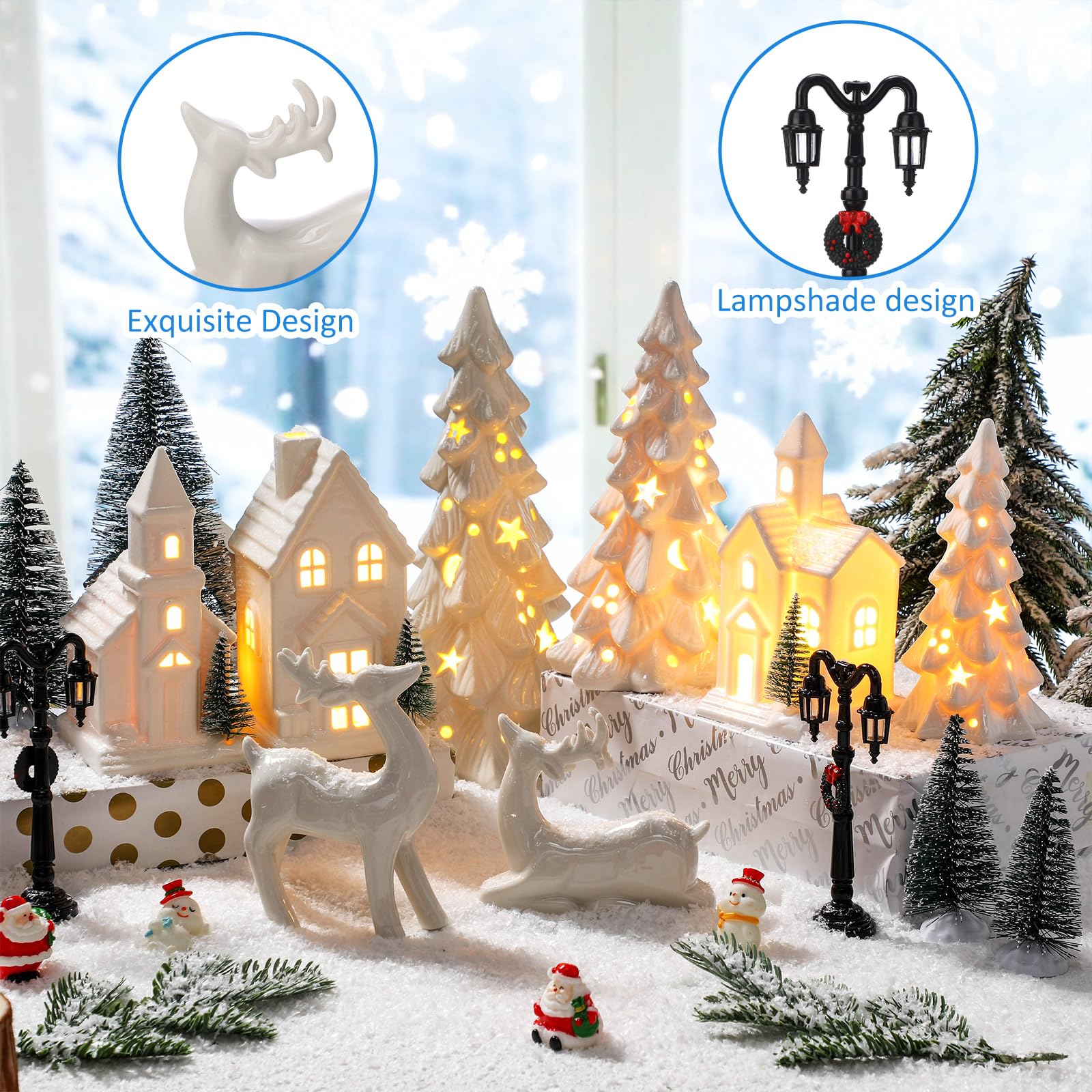 Nuogo Lot de 14 maisons de village de Noël à LED en céramique blanche avec sapin de Noël, figurine de renne en porcelaine, petit lampadaire, décoration de village d'hiver pour cheminée de table de