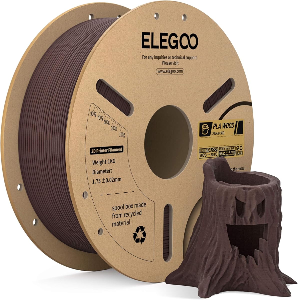 ELEGOO Wood PLA Filament 1.75mm Rosewood 1KG, Real Wood Flour Added 3D Printer Filament, 1kg Spool(2.2lbs) Fits for Most FDM 3D Printers