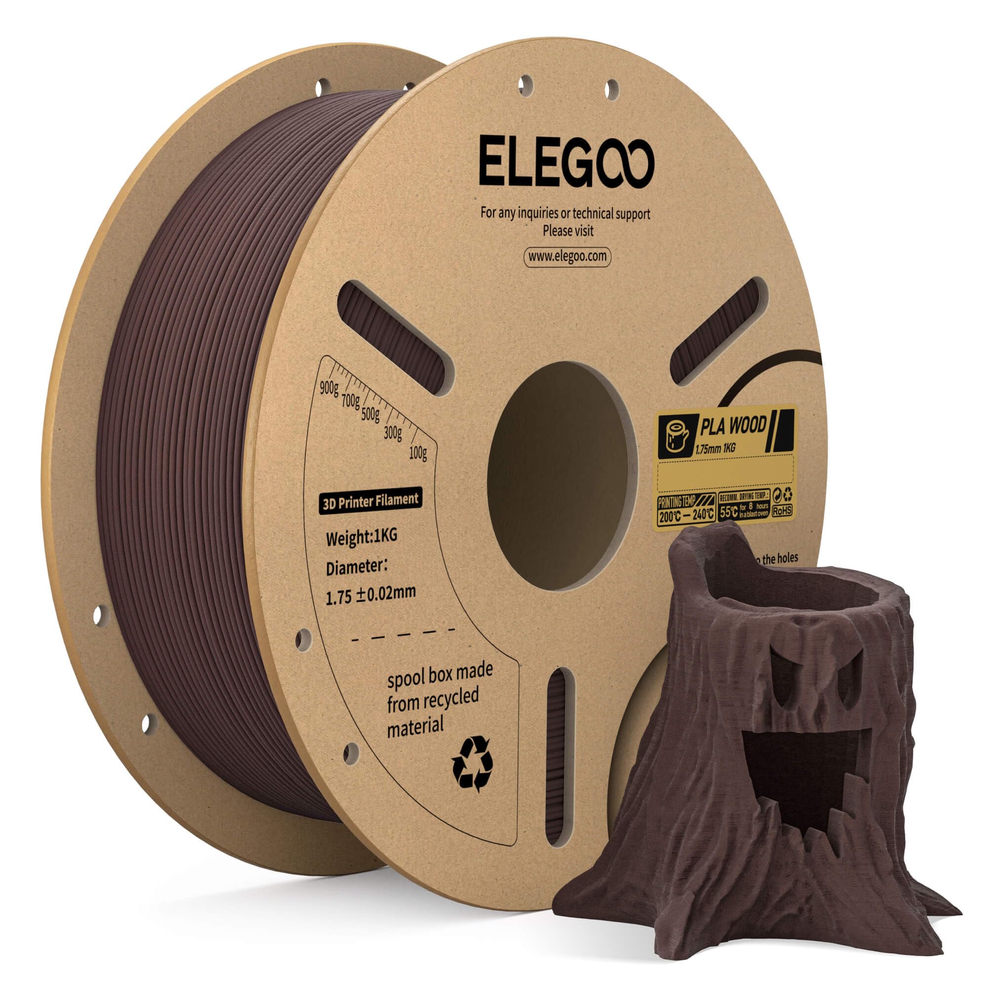 ELEGOO Wood PLA Filament 1.75mm Rosewood 1KG, Real Wood Flour Added 3D Printer Filament, 1kg Spool(2.2lbs) Fits for Most FDM 3D Printers