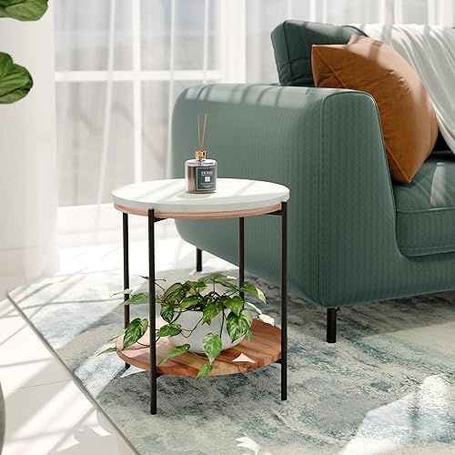 Miniatura 9 de Relso Lyra Mesa auxiliar superior de mármol, estante de madera de acacia, patas de metal negro, redondas de 22 pulgadas, blanco y negro, moderno de