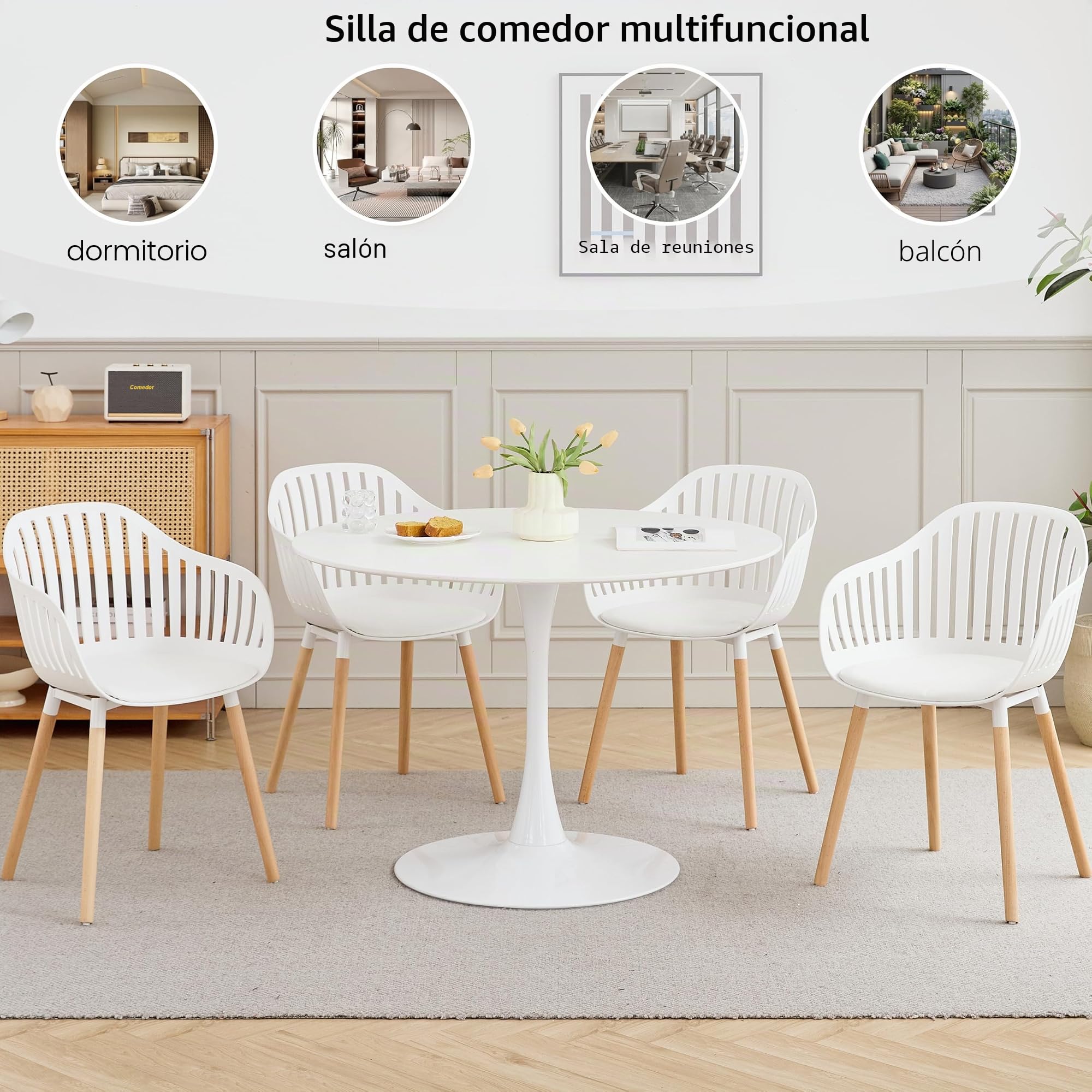 GrandCA HOME Juego de 4 Sillas Modernas de Comedor y Cocina con Reposabrazos y Cojines, Respaldo Hueco Vertical y Patas de Madera para Sala, Balcón y Oficina - Blanco