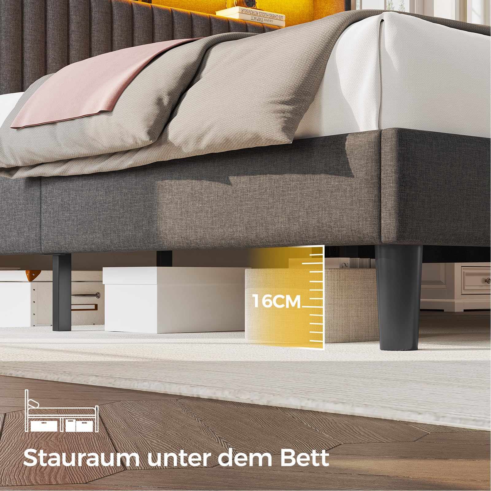 Seventable Bett 90x200 mit Ladestation, Metallbett mit Gepolstertem Kopfteil & LED, Bettgestell mit Zweischichtige Ablage, perfekt für Kinderzimmer, Jugendzimmer (grau)