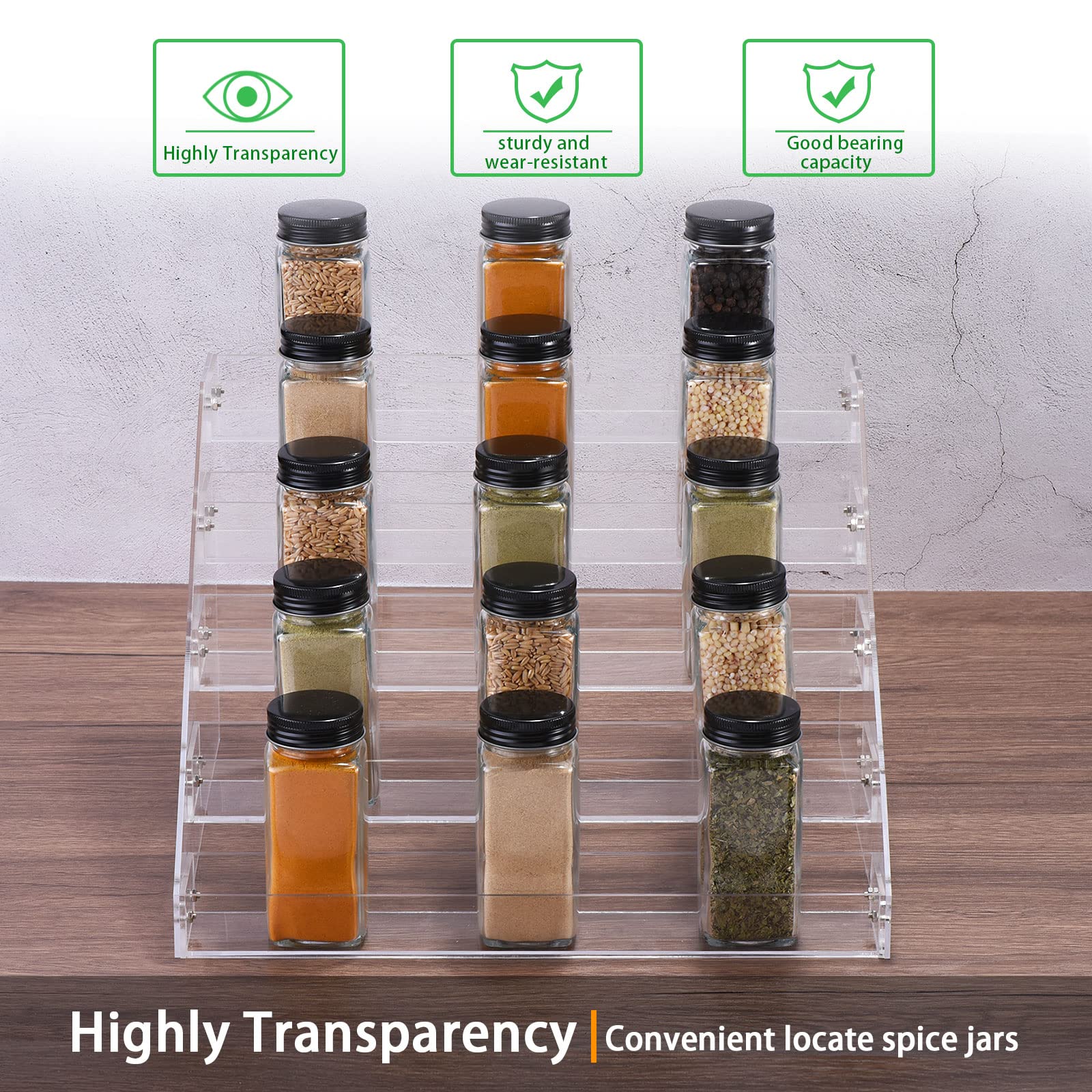 QUARKZMAN 2 Set Acrilico Portaspezie 5 Livelli Portaspezie Cassetto Organizzatore Scaffale Condimento Portabarattoli Adatto per Cucina Piano Lavoro Mobile Dispensa Credenza Trasparente