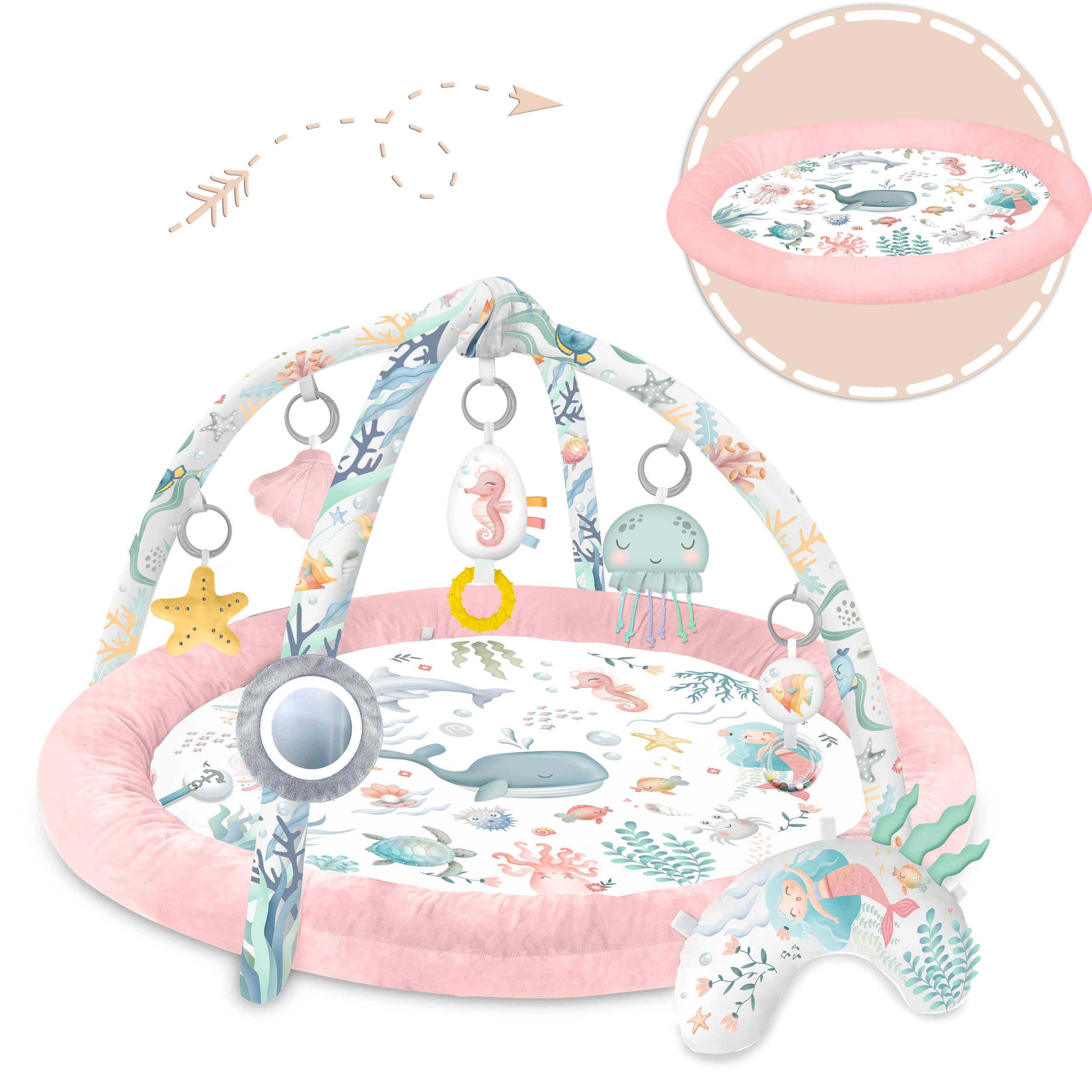 Nukido Tapis d'Éveil Bébé avec Arches Amovibles et 7 Jouets - Rose Océan