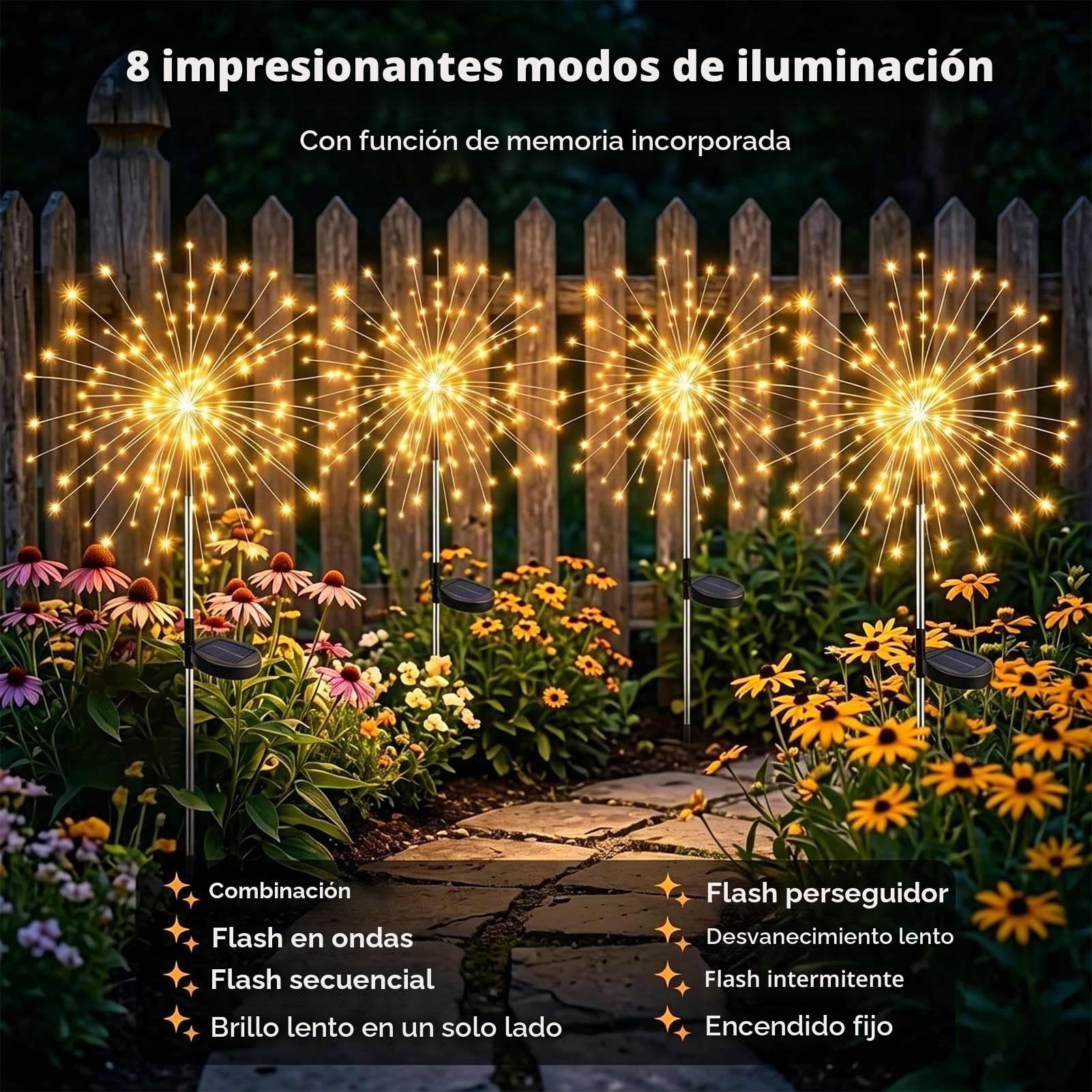 Joycome Luces Solares LED Exterior Jardin, 4 Piezas 120 LED Luz Solar de Fuegos Artificiales, 8 Modos lamparas Solar Exterior Jardin Impermeable para Patio, Balcón, Macetero, Boda, Fiesta
