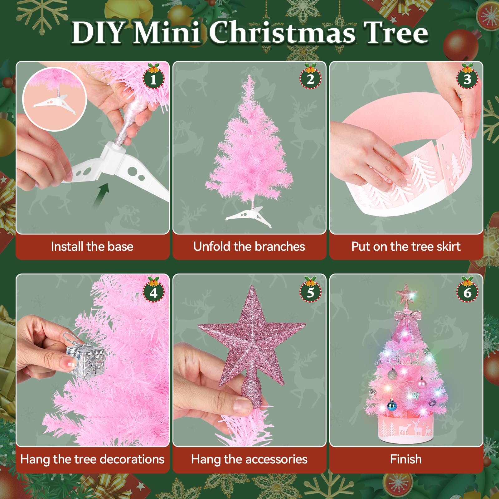 60cm Pinker Künstlicher Weihnachtsbaum mit Bunten LED-Lichtern - DIY-Deko-Set inkl. Sternspitze, Schleife, Baumrock, Trommeln & Geschenkboxen - Rosa Tischbaum für Mädchenzimmer & Homeoffice