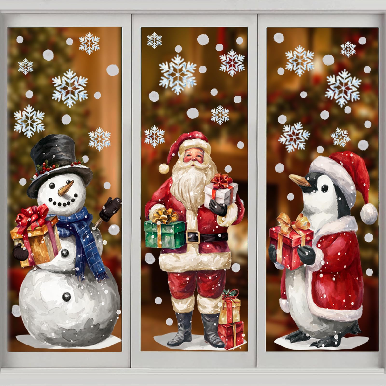 XIMISHOP 6 Sheets Christmas Window Stickers, Reusable Large Santa Claus Snowman Window Clings Double-Sided Xmas Snowflake Window Static Decals Clings for Xmas Home School Office Window Decoration — image 1