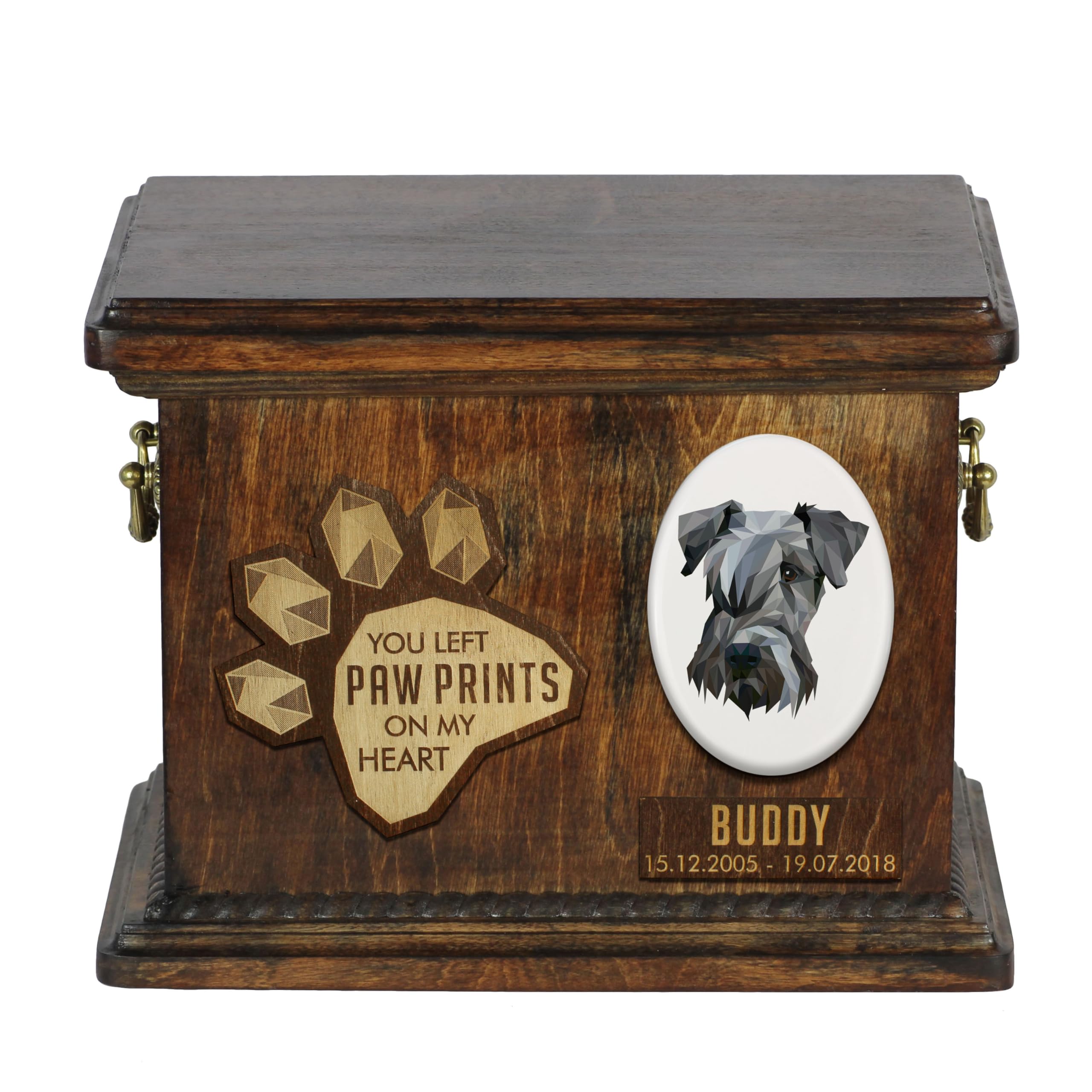 Art-Dog Custom Geometric Dog Memorial Urn - Handmade Wooden Urn – Decorative Ceramic Plate - Custom-made Dog Cremation Box for Ashes - 8,3x11,4x8,7” – Cesky Terrier — image 1