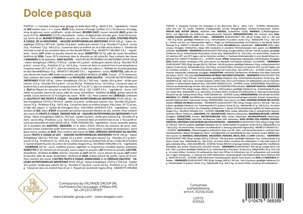 Re Regalo Confezione Regalo Dolce Pasqua 2026, 10 Pezzi con Colomba Bauli 500g, Uovo Del Conte 150g, Cioccolato Baratti & Milano, Ricciarelli, Pasta Jesce 500g e Sugo Arrabbiata, Idea Regalo Cesto