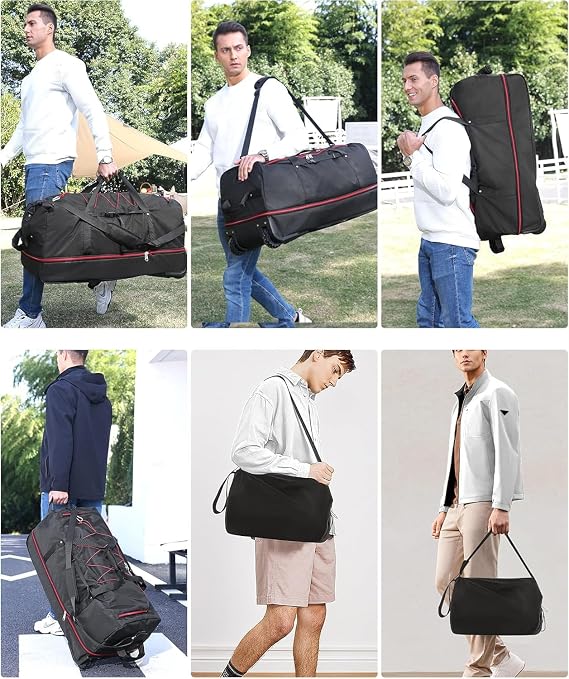 32 Soft-Sided Foldable Wheeled Travel Duffel Bag,Expandable 110L to 140L Rolling Cargo Bag with 2 Wheels and Multiple Pockets1 (Black Red)