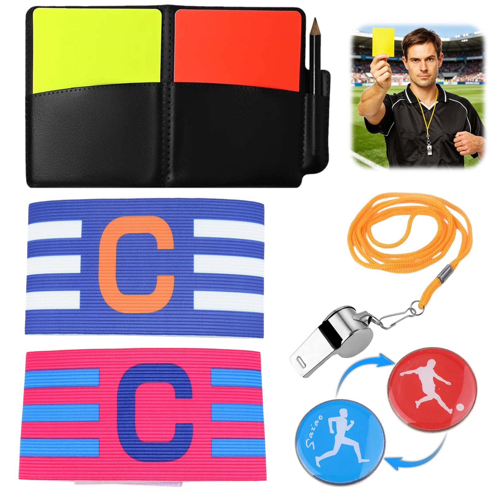 Tarjetas Árbitro de Fútbol PVC Rojas y Amarillas con Silbato, Libro de Puntos, Brazaletes de Capitán