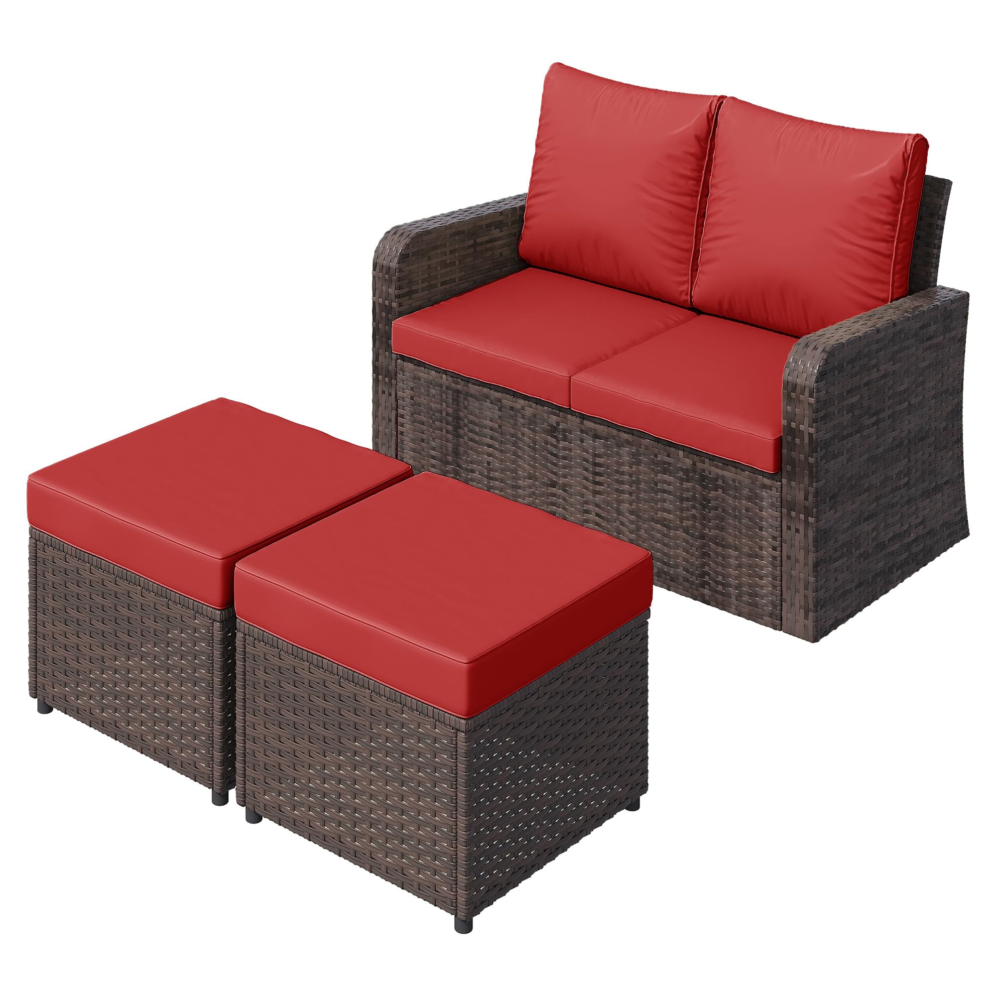 HOMREST Outdoor Patio Couch Sofa, All-Weather PE Wicker Loveseat Couch, Outdoor Seating Patio Furniture Sofa with Ottoman &amp; Cushions, Modern Garden Furniture for Deck, Balcony, Porch(Wine Red)
