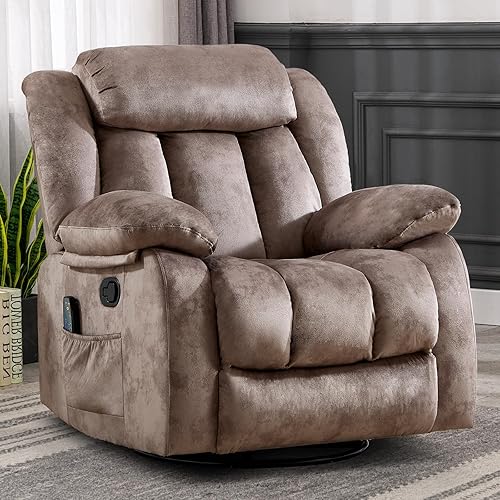 CANMOV Massage Swivel Rocker Recliner Chair with Heat and Vibration, 360 Degree Swivel Manual Recliners Antiskid Fabric Single Sofa Heavy Duty Reclining Chair for Living Room, Light Brown