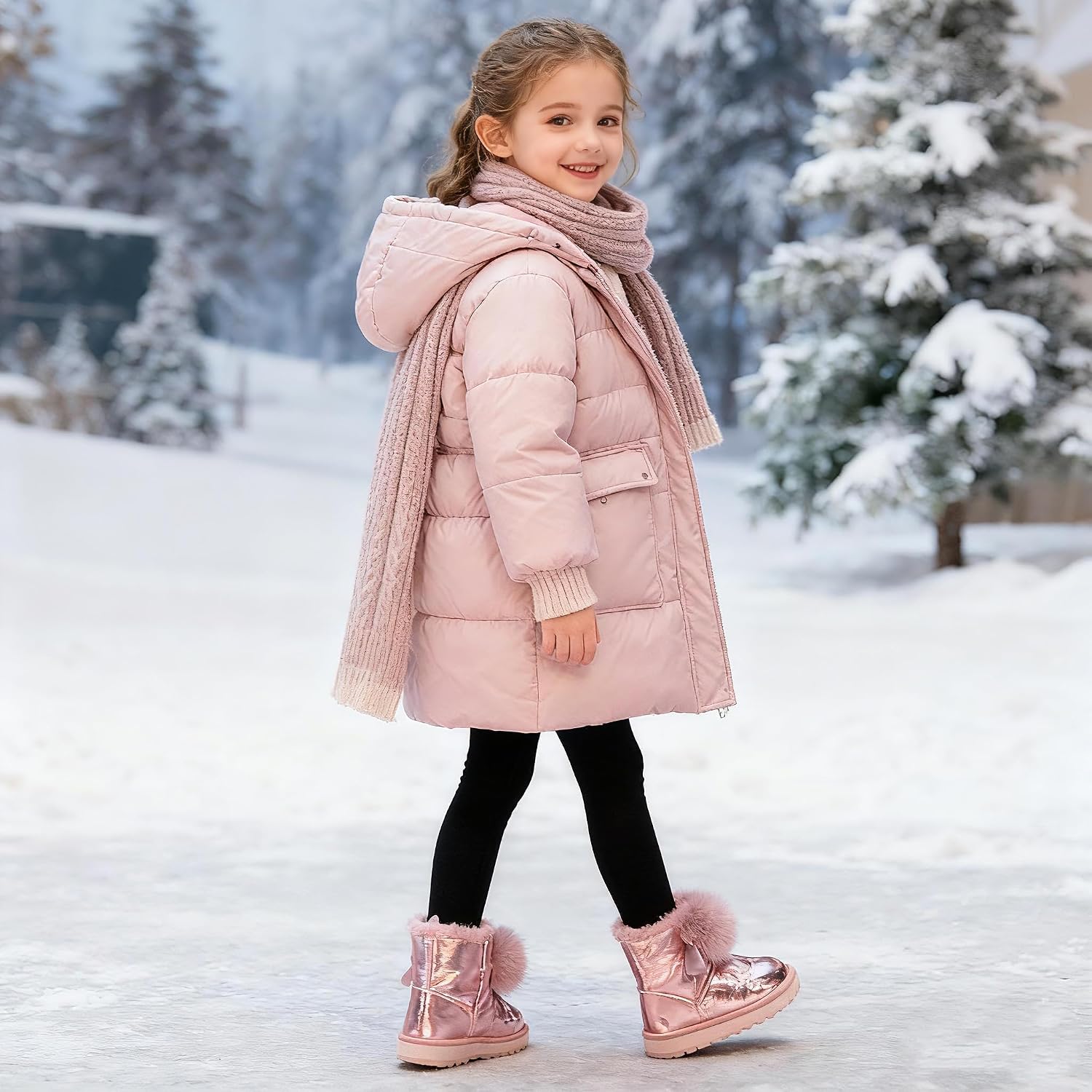 kkdom Toddler Girls Winter Snow Boots Cute Pompon Lace Up Fur Winter Warm Sweetheart Princess Fluffy Boots for Girls