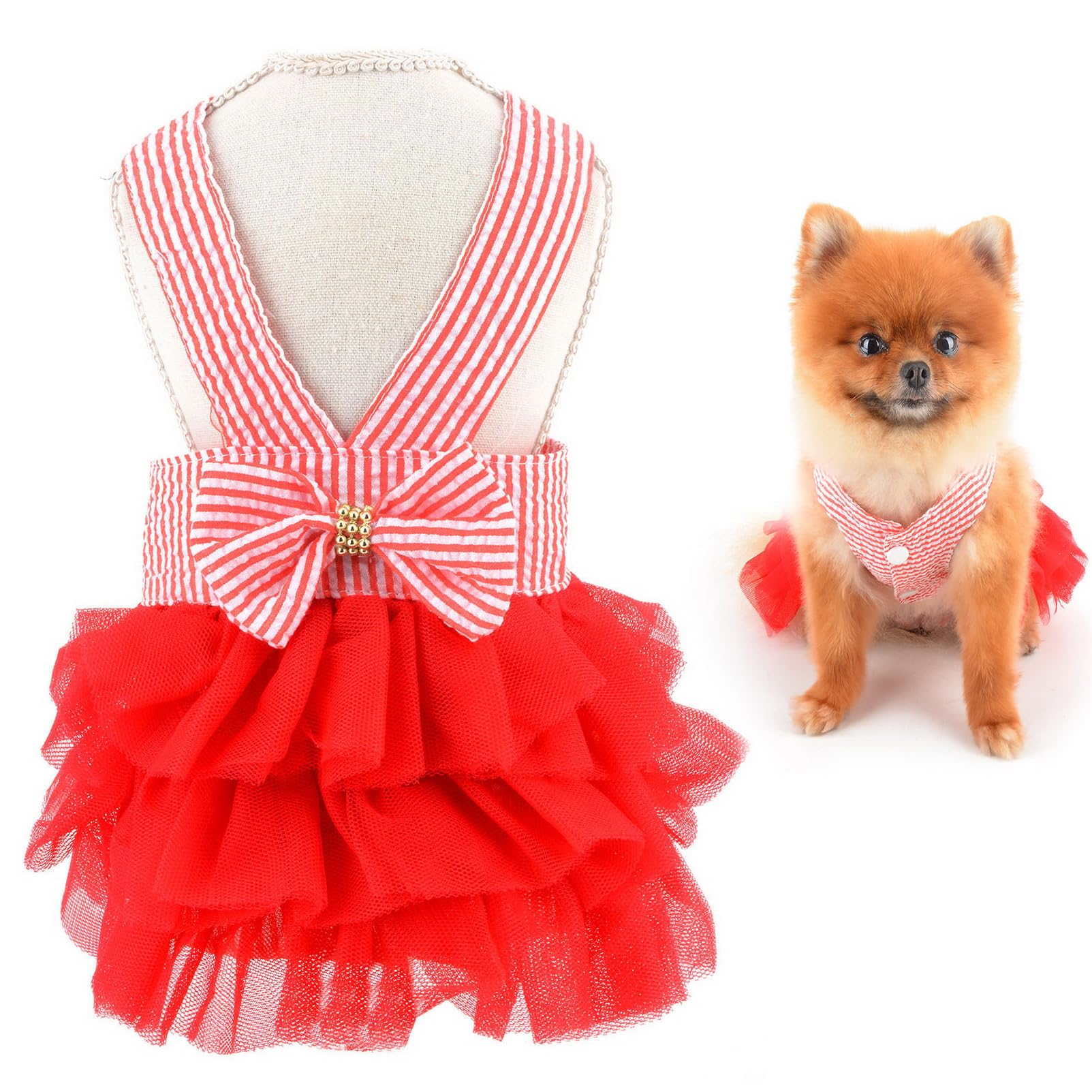 SMALLLEE_LUCKY_STORE Cute Pet Striped Princess Dress for Small Dog Cat Girls Puppy Tulle Tutu Skirt Yorkie Chihuahua Summer Party Clothes,Red,M