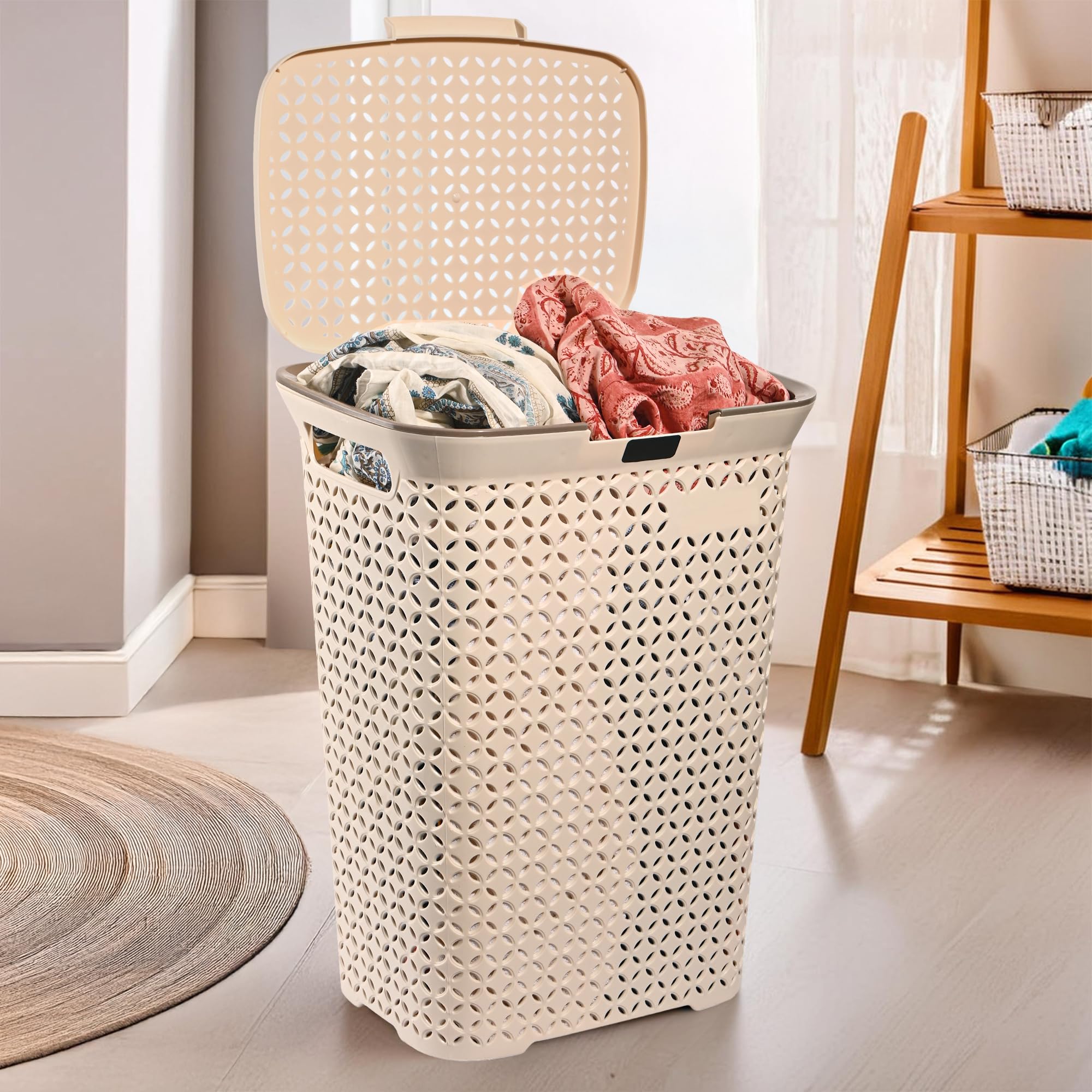 Kuber Industries 70 Ltrs Plastic Large Laundry Basket for Clothes with Lid | Multipurpose Storage Organiser for Home, Bedroom and Bathroom | Ivory