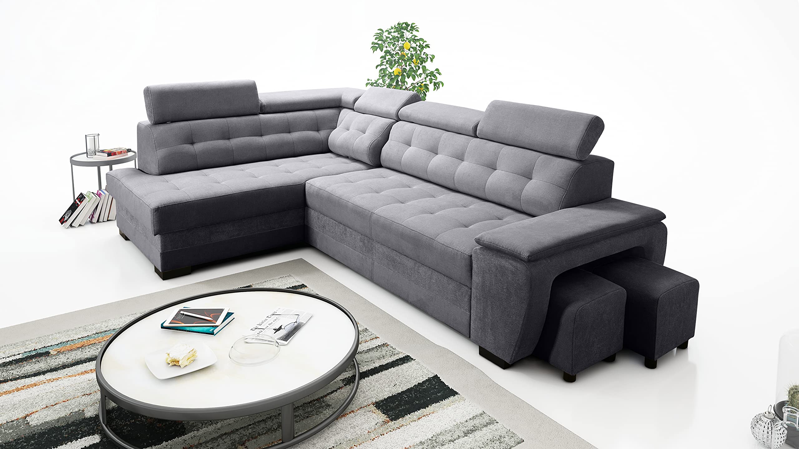 Robin Inspire Grand Divano angolare con funzione di letto cassetto per la biancheria due pouf poggiatesta regolabile angolo a sinistra grigio scuro 277 x 180 x 100