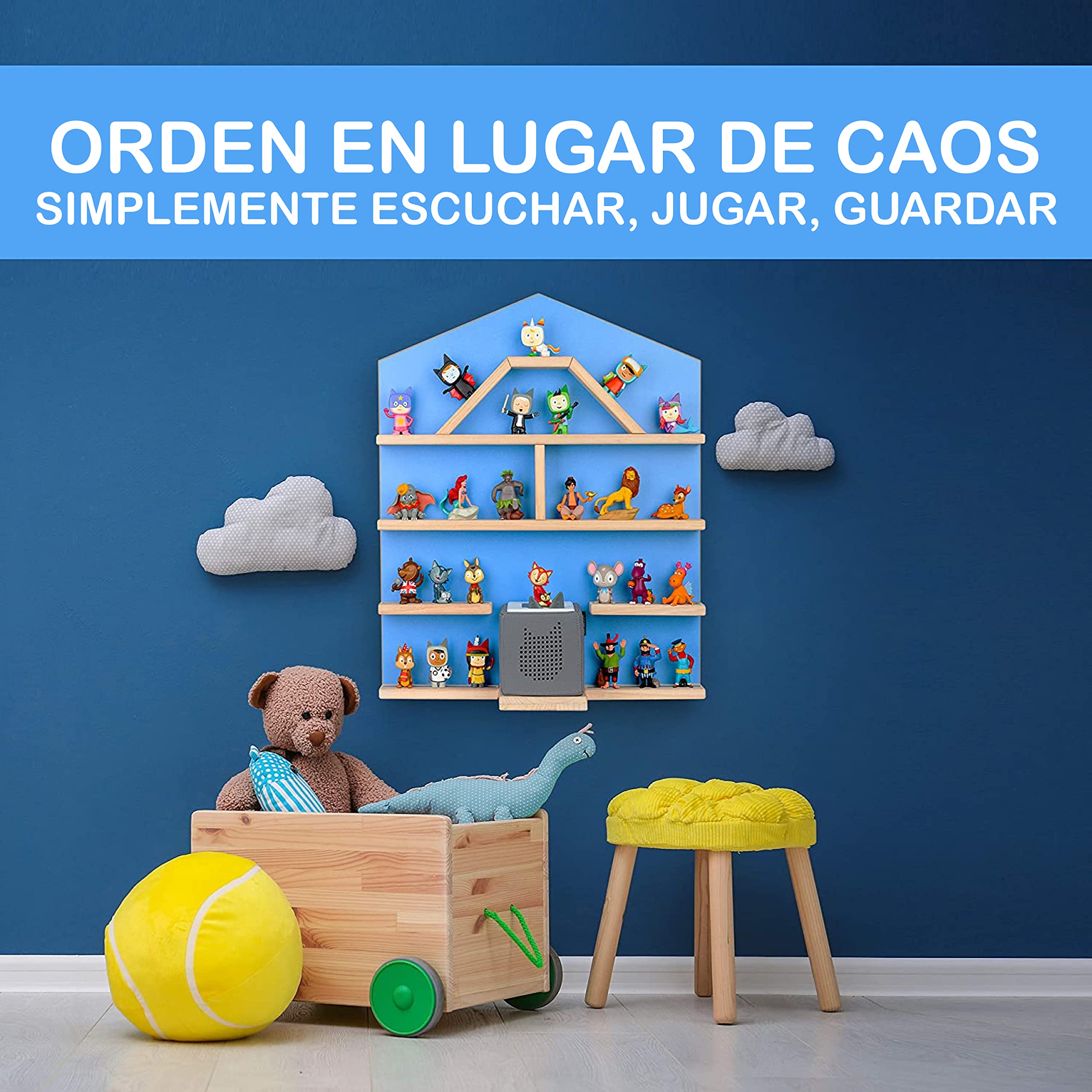 Estantería para tonies y tonies [el original] – Estantería para cajas de tonies y hasta 52 tonies – Estantería magnética de pared para tonies – 4 compatible con caja Toniebox (azul)