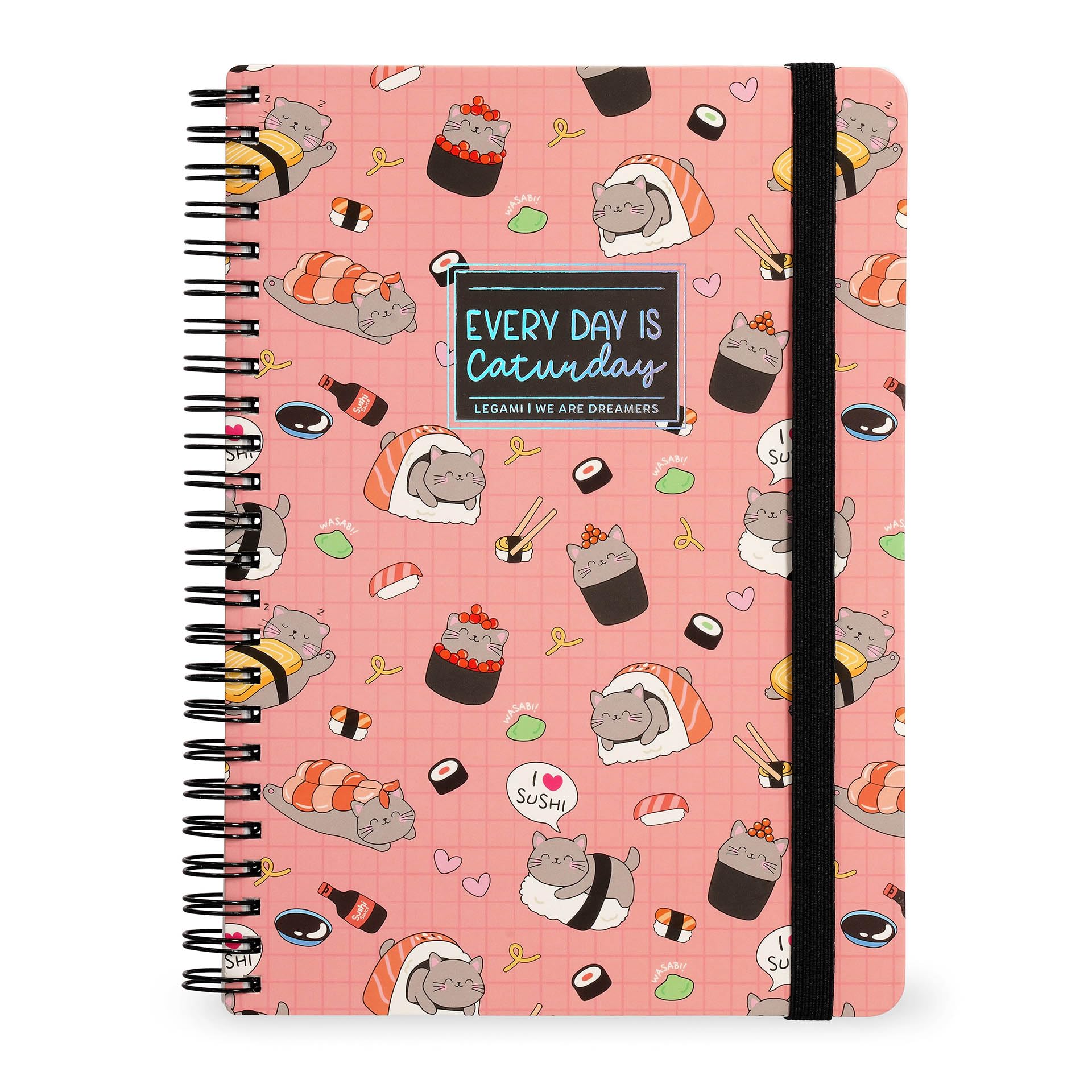 Legami - Spiral Notebook, Lined 7 mm, Sushi Cat, A4 Format, Maxi in FSC Certified Paper, Contains 1 Sheet of Stickers, 160 Pages, Elastic Closure, 21 x 29 cm