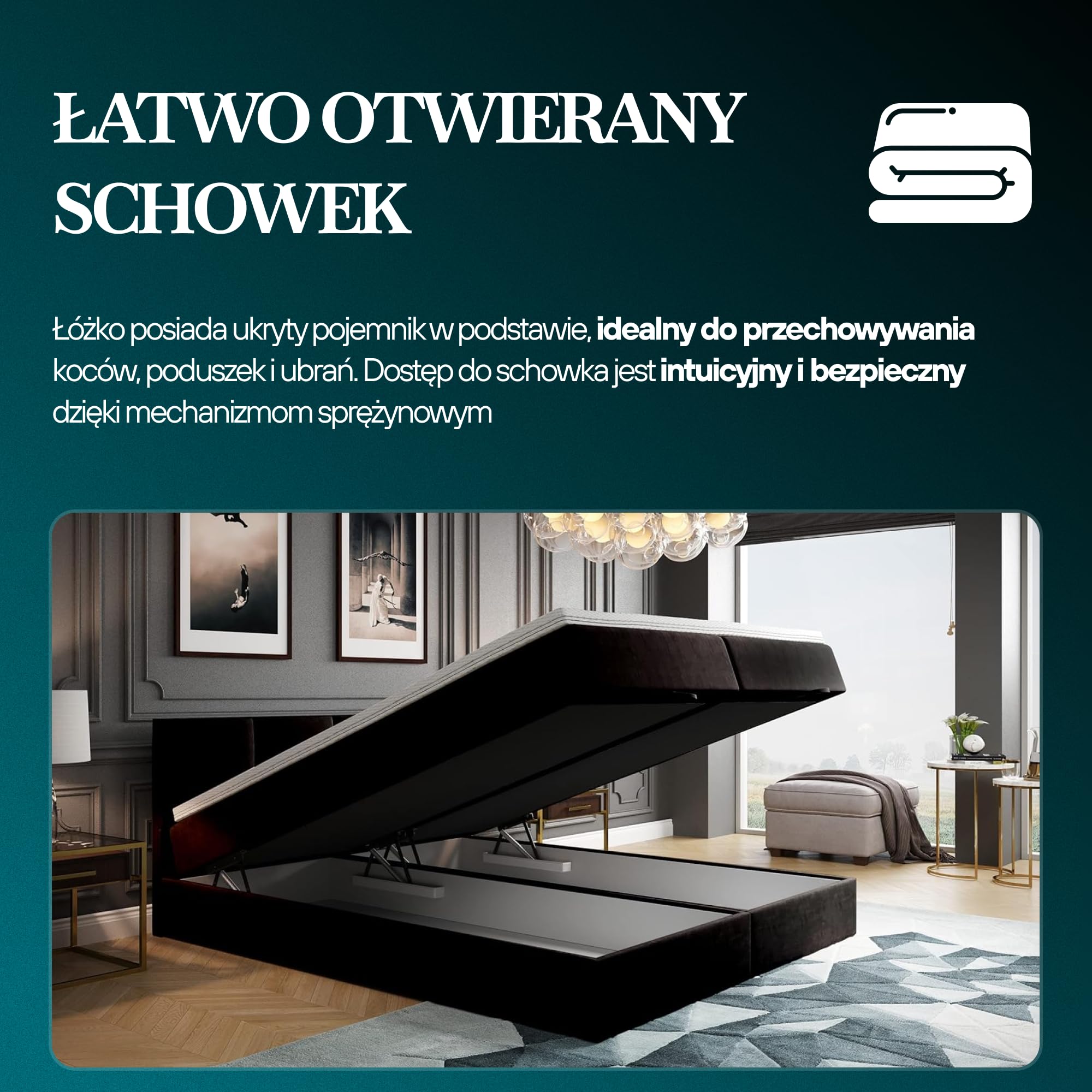 TRADA Łóżko kontynentalne 180 x 200 cm ze skrzynią na pościel i materacem bonellowym, ciemnoszare