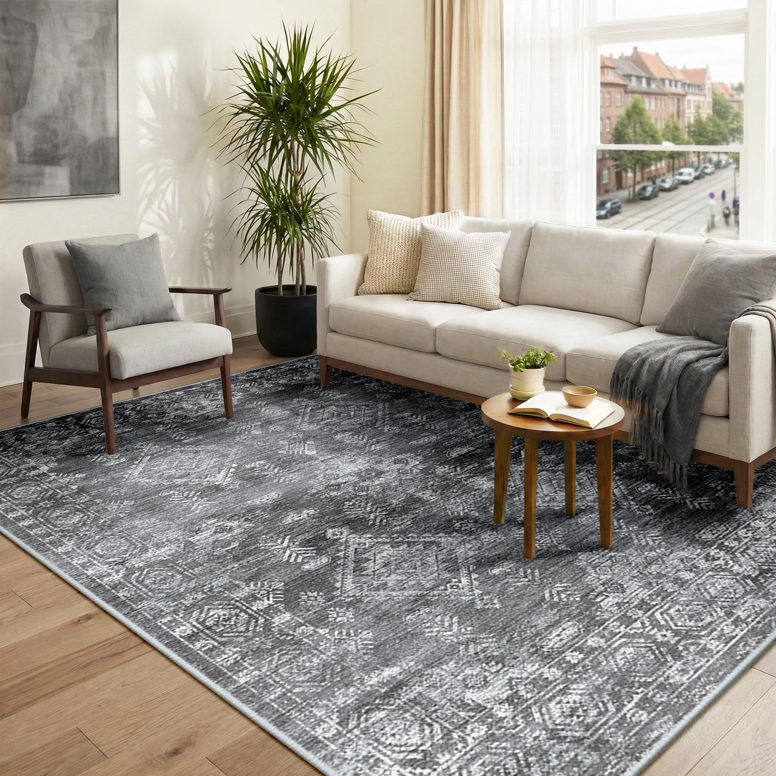 DEFYNEE Rugs Living Room 150x210 cm, Machine Washable Rug for Bedroom, Grey