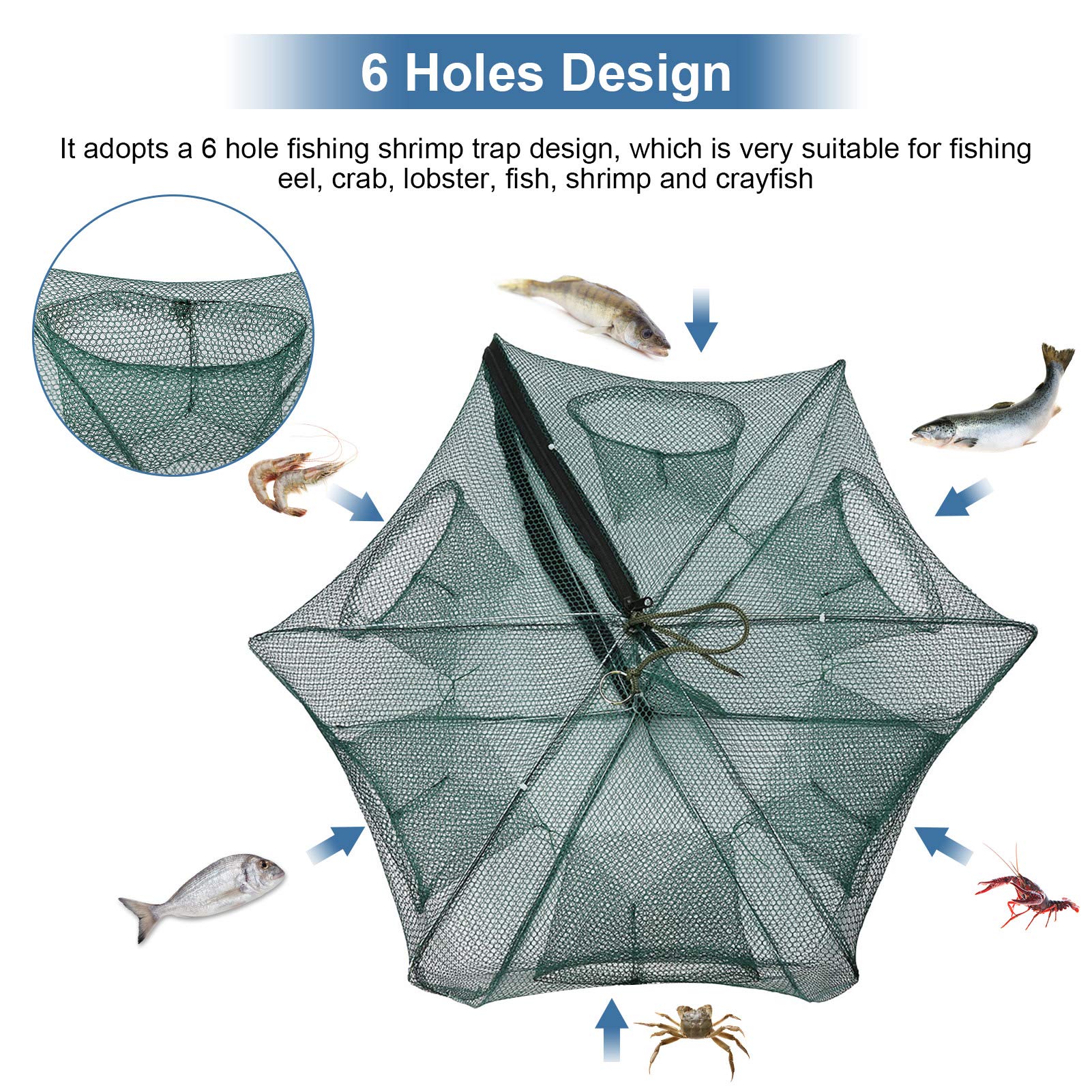 Crawfish Trap, 6/12 Holes Portable Folded Fishing Net Fish Shrimp Crayfish Crab Baits Cast Mesh Trap Automatic Cage Nylon Foldable Crab Fish Trap Cast(6 Holes)