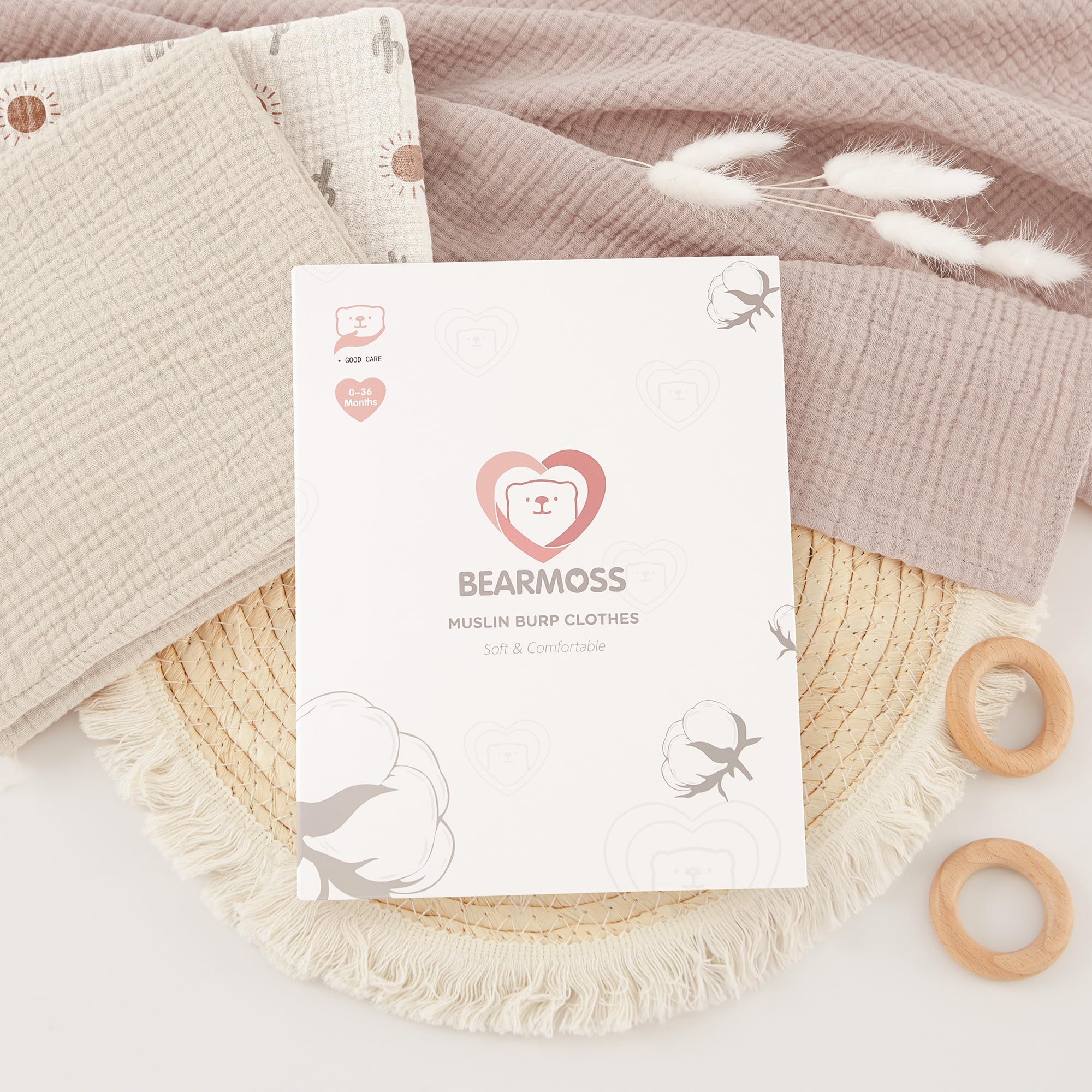 bearmoss Bambino in Mussola Per Neonati Set 4 Pezzi 60x60CM, 100% cotone Super Morbido Assorbente in Mussola A Grana Per Neonati Per Bambine E Ragazzi(Stampa marrone)