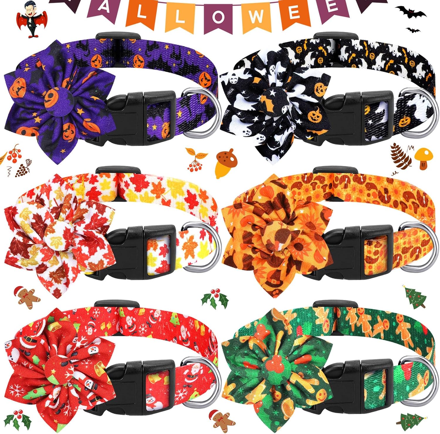 Silkfly 6 Pcs Holiday Dog Collars for Dogs Halloween Dog