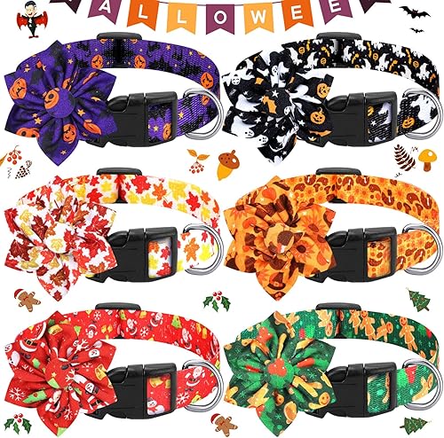 6 collares de perro de Halloween con flor de arce para otoño, collar de pavo para mascotas, collar de calabaza, Acción de Gracias, Navidad, collar