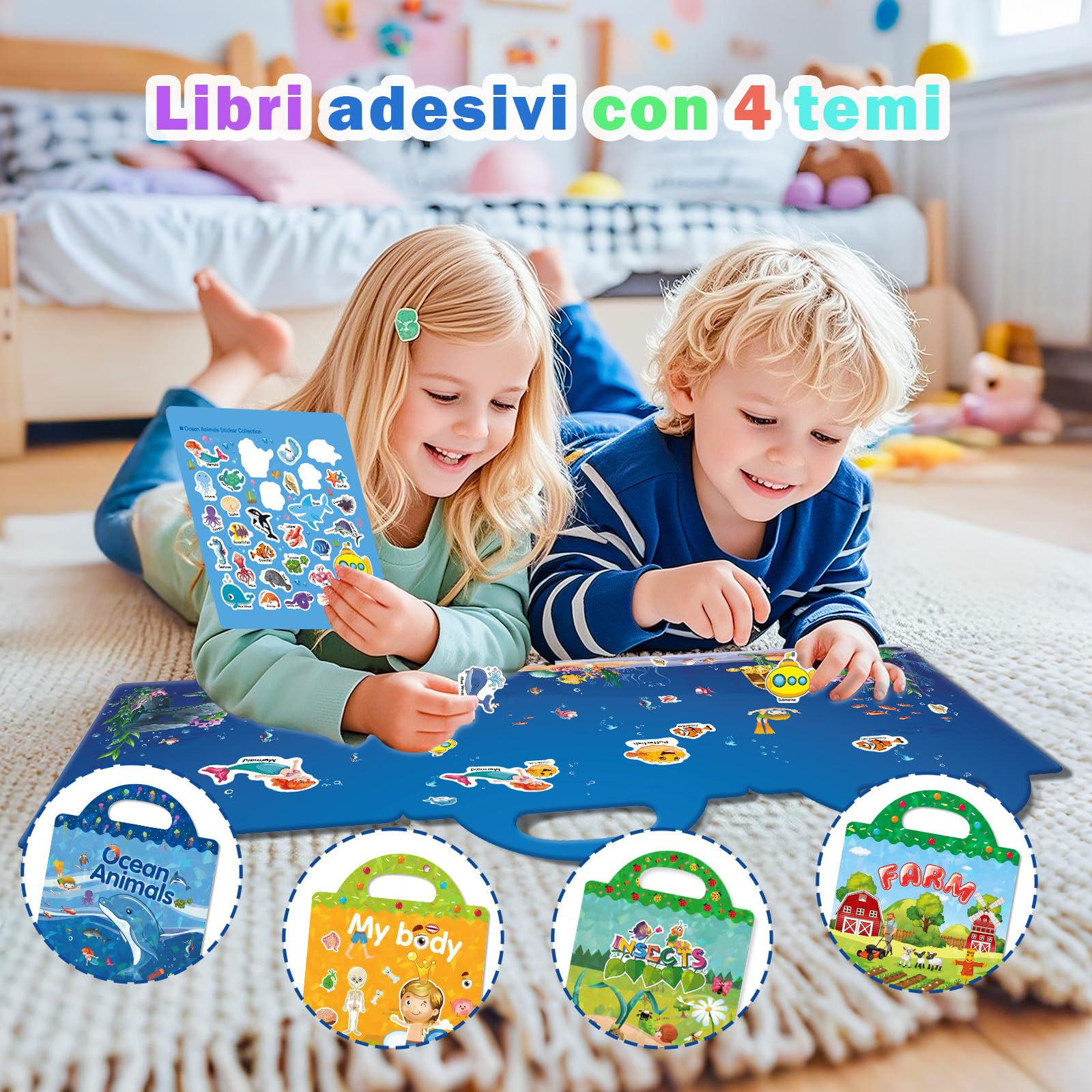 GUYUCOM 4 Pezzi Stickers Book: Libro Adesivi Attacca e Stacca Bambini 2 3 4 5 6 Anni Animali Marini, Parte del Corpo, Insetto, Giocattolo per Bambini, Regalo Educativo Compleanno Riutilizzabile
