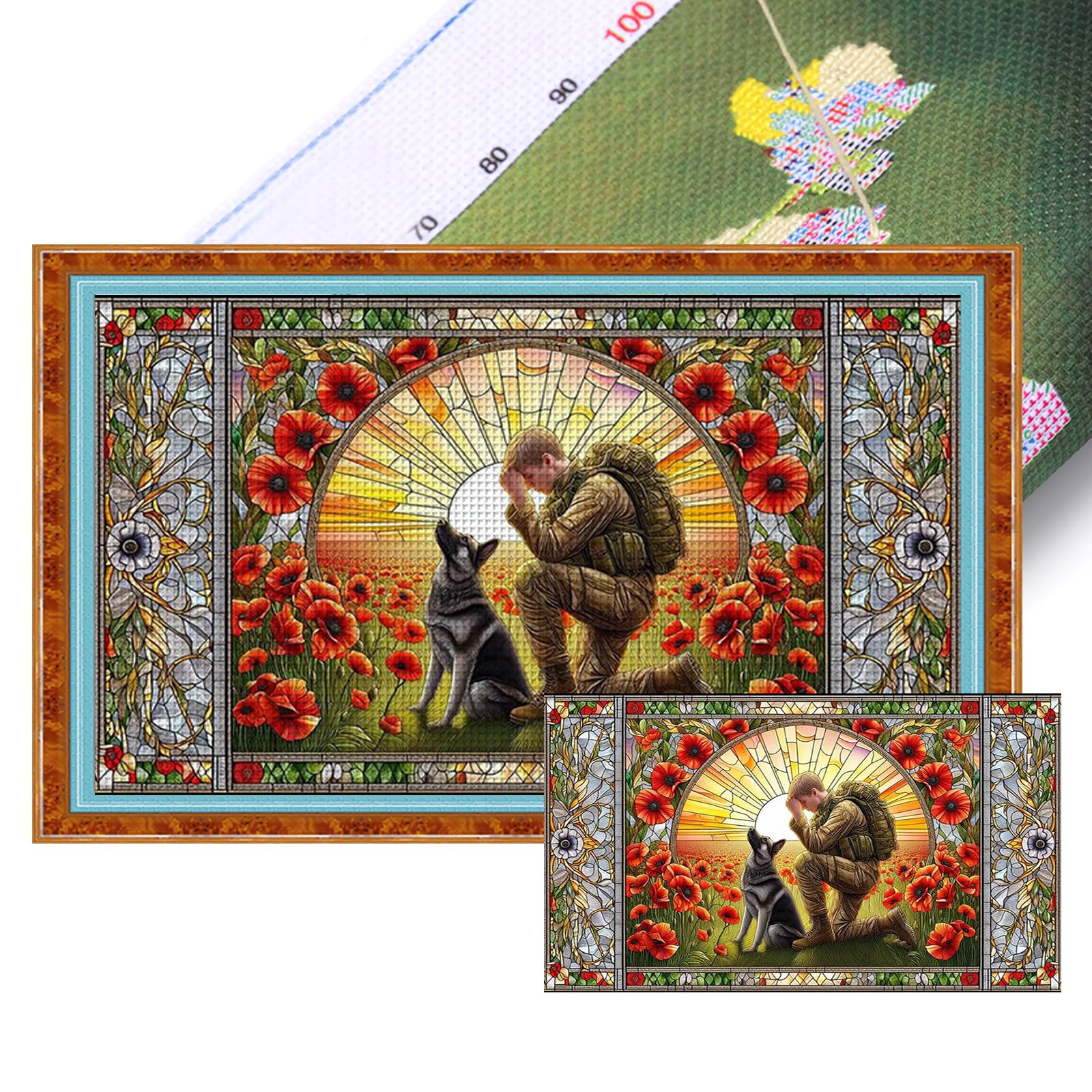 Poetrydraw Warrior Poppy Full 11Ct 3 Strands Diy Stamped Cross Stitch Kits 70X40cm Embroidery Needlepoint Starter Kits For Beginners Adults Home Wall Decor (Warrior Poppy)