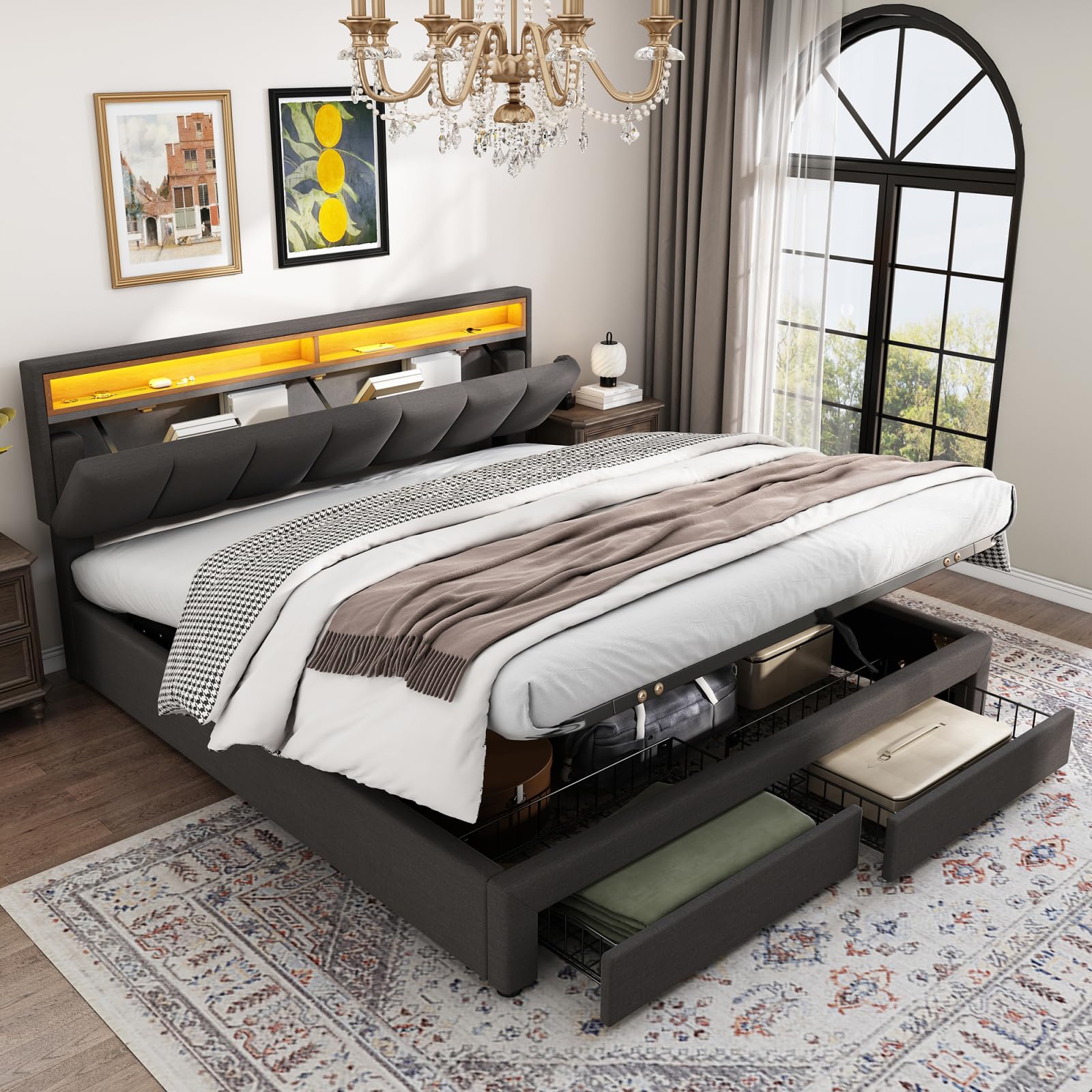 Letto con stoccaggio idraulico 160x200,Letto matrimoniale rivestito con LED,Letti imbottiti con 2 cassetti, letto funzionale giovanile,letti matrimoniali (grigio+lino-A)