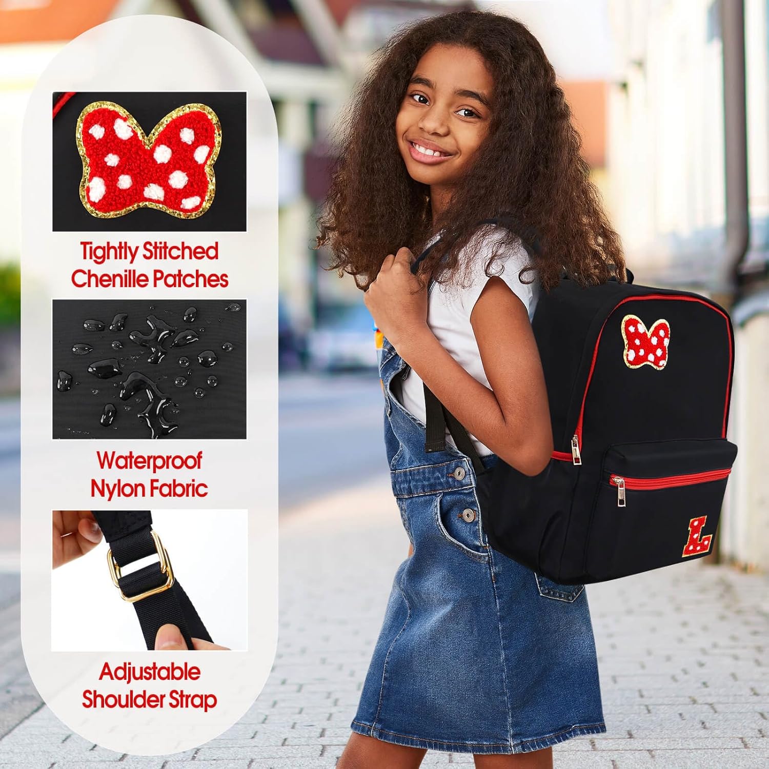 Preppy Initial Bow Mouse Backpacks for Girls 14.6 Inch, Black Kids Backpacks Ages 3-10 for Park Travel Preschool Elementary School, Lightweight Bookbag Birthday Back to School Gifts for Little Girls L