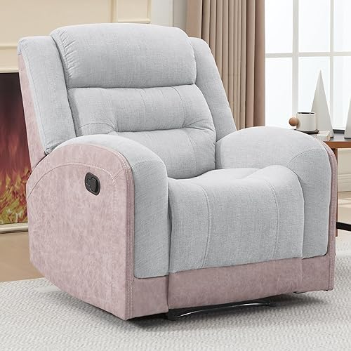 CANMOV Manual Recliner Chair for Living Room, Soft Fabric Single Reclining Sofa with Overstuffed Seat, Padded Headrest & Sturdy Footrest for Living Room Bedroom Home Theater, Two-Tone Beige