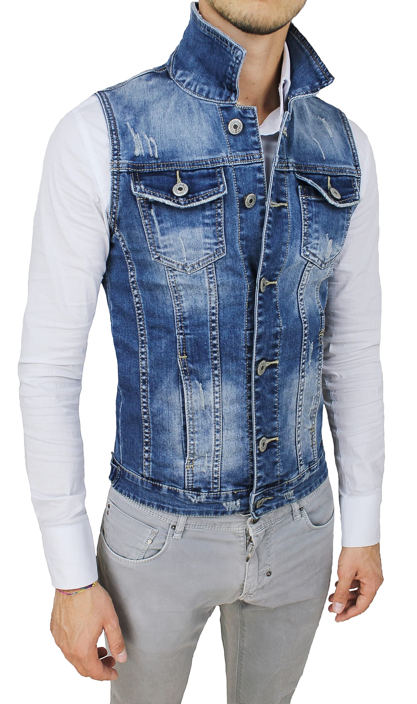 Evoga Giubbotto Smanicato di Jeans Uomo Blu Denim Cardigan Gilet Giacca Casual