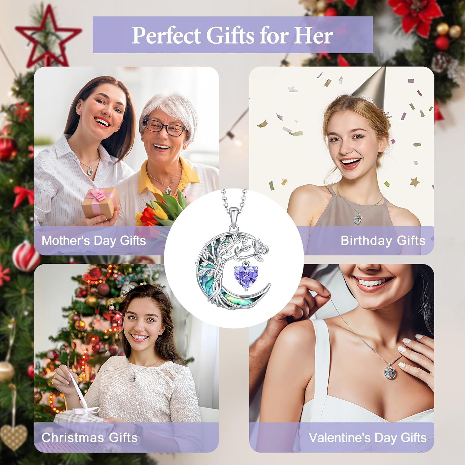 Distance Tree of Life Birthstone Necklace for Women, S925 Sterling Silver Premium Abalone Shell Moon Pendant, Heart Birthstone Necklace Christmas Anniversary Jewelry Birthday Gifts for Her Mom Wife - Image 6