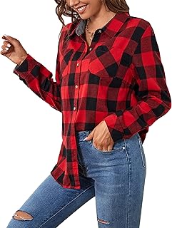SAMERM Flannel Shirts for Women Oversized Long Sleeve Button Down Buffalo Plaid Shirt Blouse Tops S-2XL